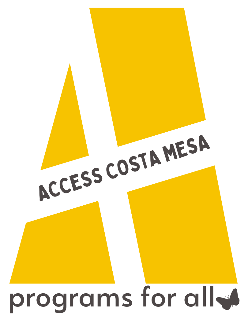 Vertical logo for "Access Costa Mesa" with the tagline "programs for all" beneath. The design features a stylized yellow "A" with the text "Access Costa Mesa" crossing diagonally and a small butterfly near the tagline.