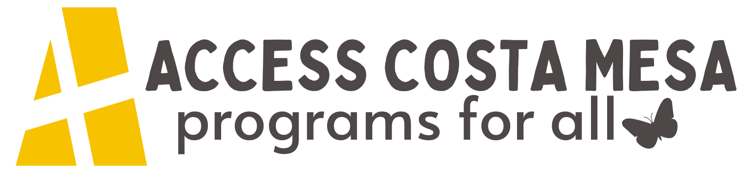 Logo for "Access Costa Mesa" with the tagline "programs for all." The design features a stylized yellow "A" on the left and a small butterfly next to the word "all," representing inclusivity and accessibility.