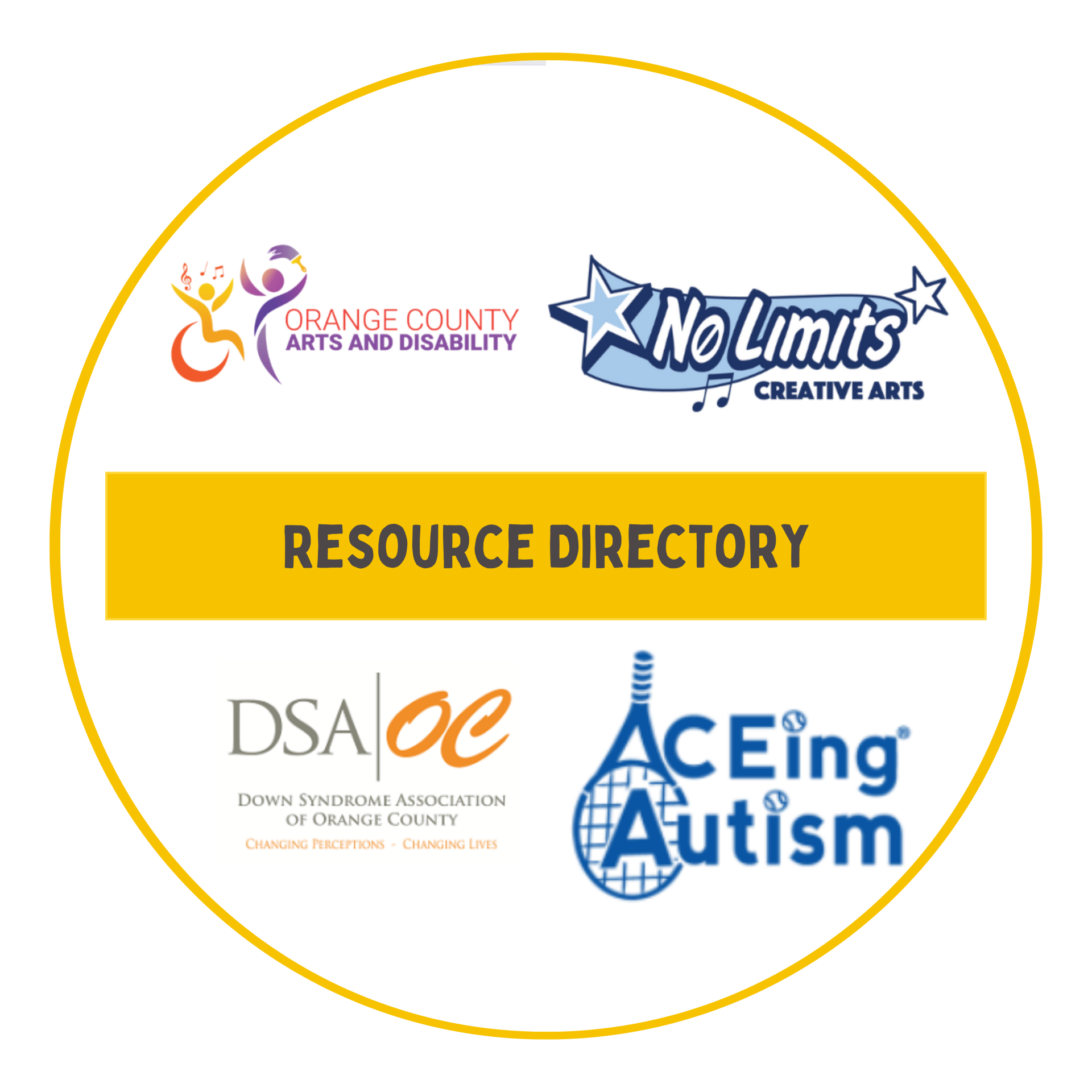 A circular graphic featuring logos of various organizations supporting disability resources, with "Resource Directory" in a yellow box at the center.