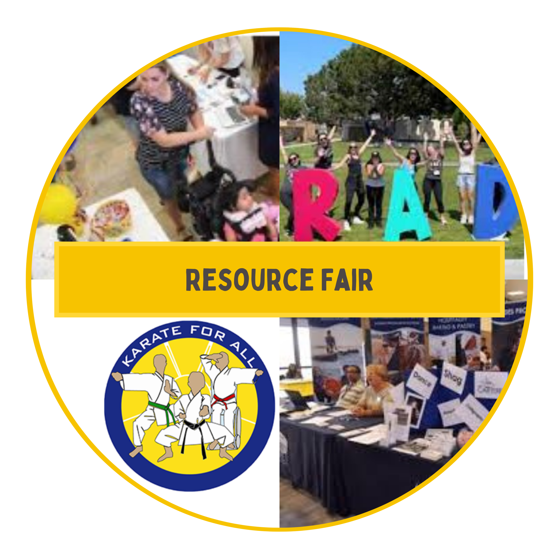 A circular collage highlighting various aspects of a resource fair, with booths, attendees, and program logos. The center features the text "Resource Fair" in a yellow box.