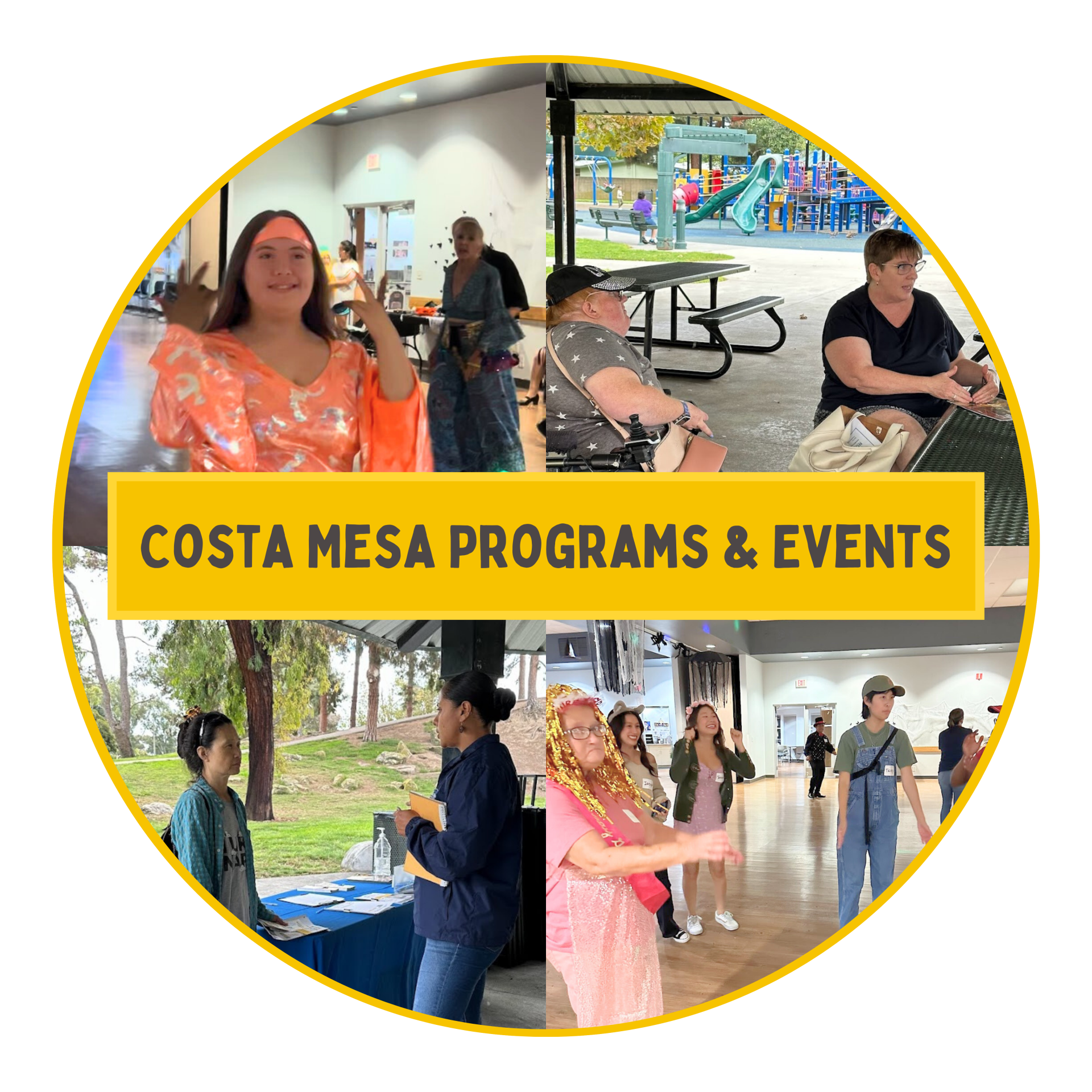 A circular collage showcasing various Costa Mesa programs and events, featuring diverse participants engaged in activities, with the text "Costa Mesa Programs & Events" displayed prominently in a yellow box at the center.