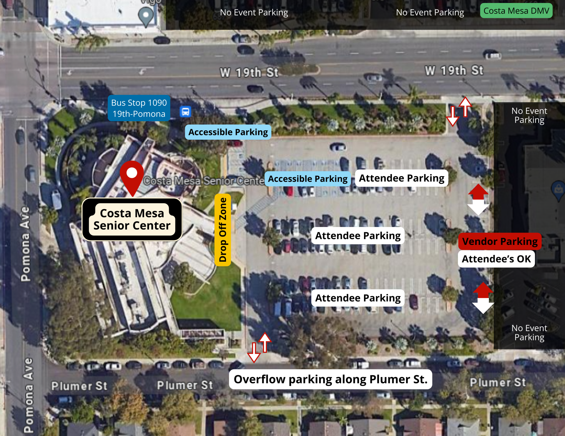 A parking and loading map for the Costa Mesa Senior Center, showing designated areas for accessible parking, attendee parking, vendor parking, a drop-off zone, and overflow parking along Plumer St.