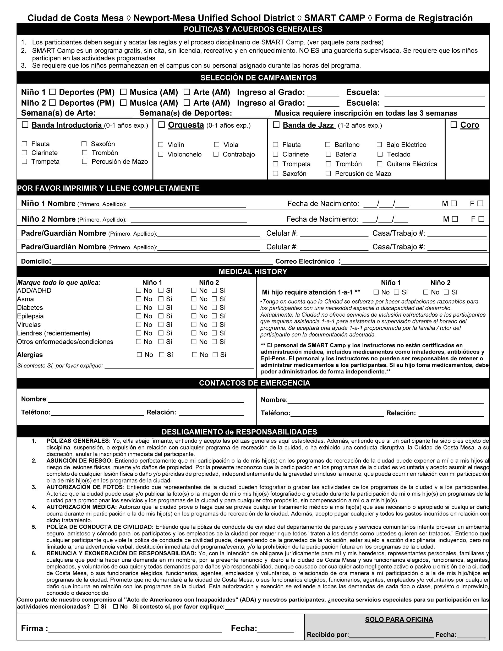 SMART Camp spanish registration form 2024