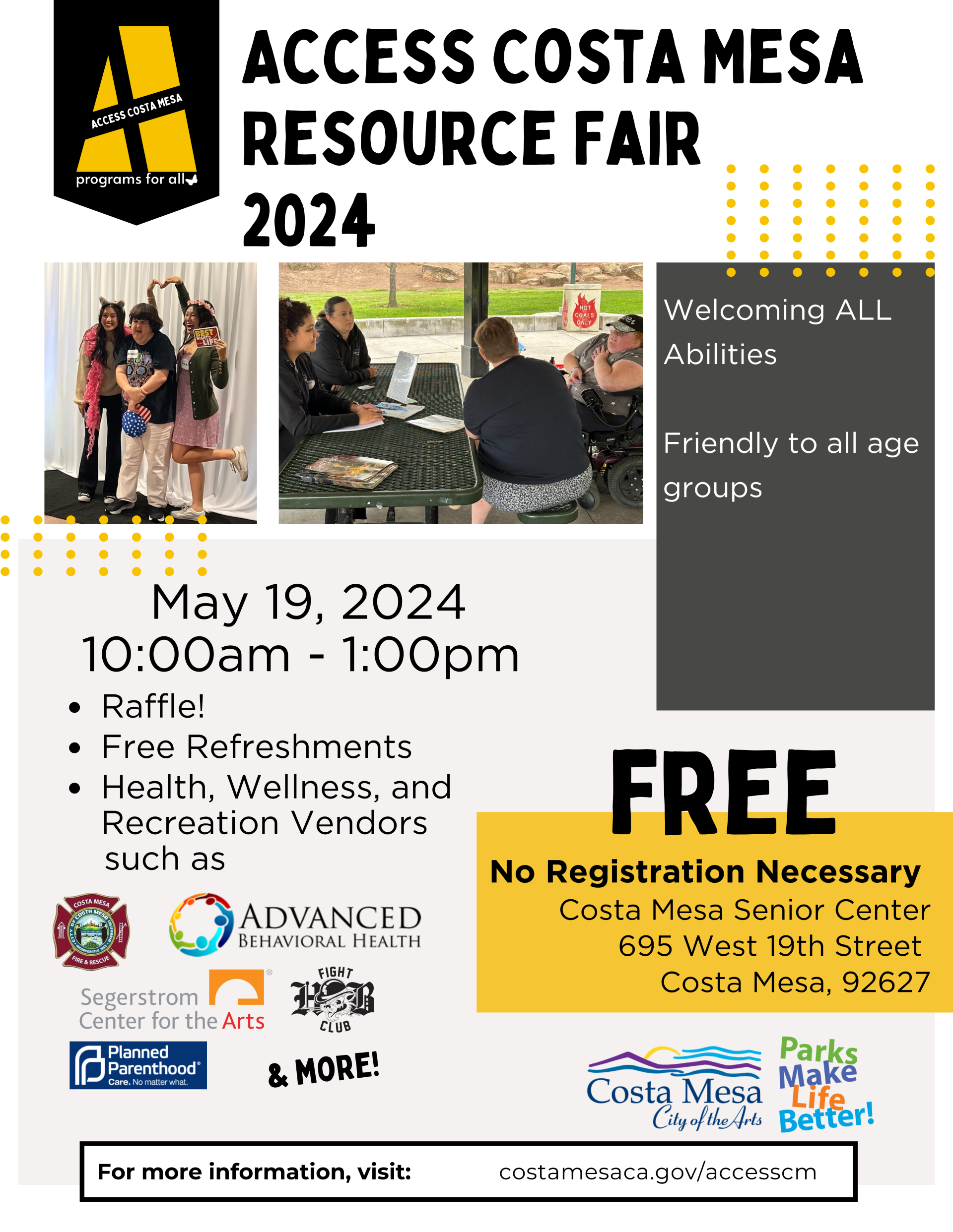 Flyer for the Access Costa Mesa Resource Fair 2024, with event details, inclusive messaging, and information on location, date, and available activities.