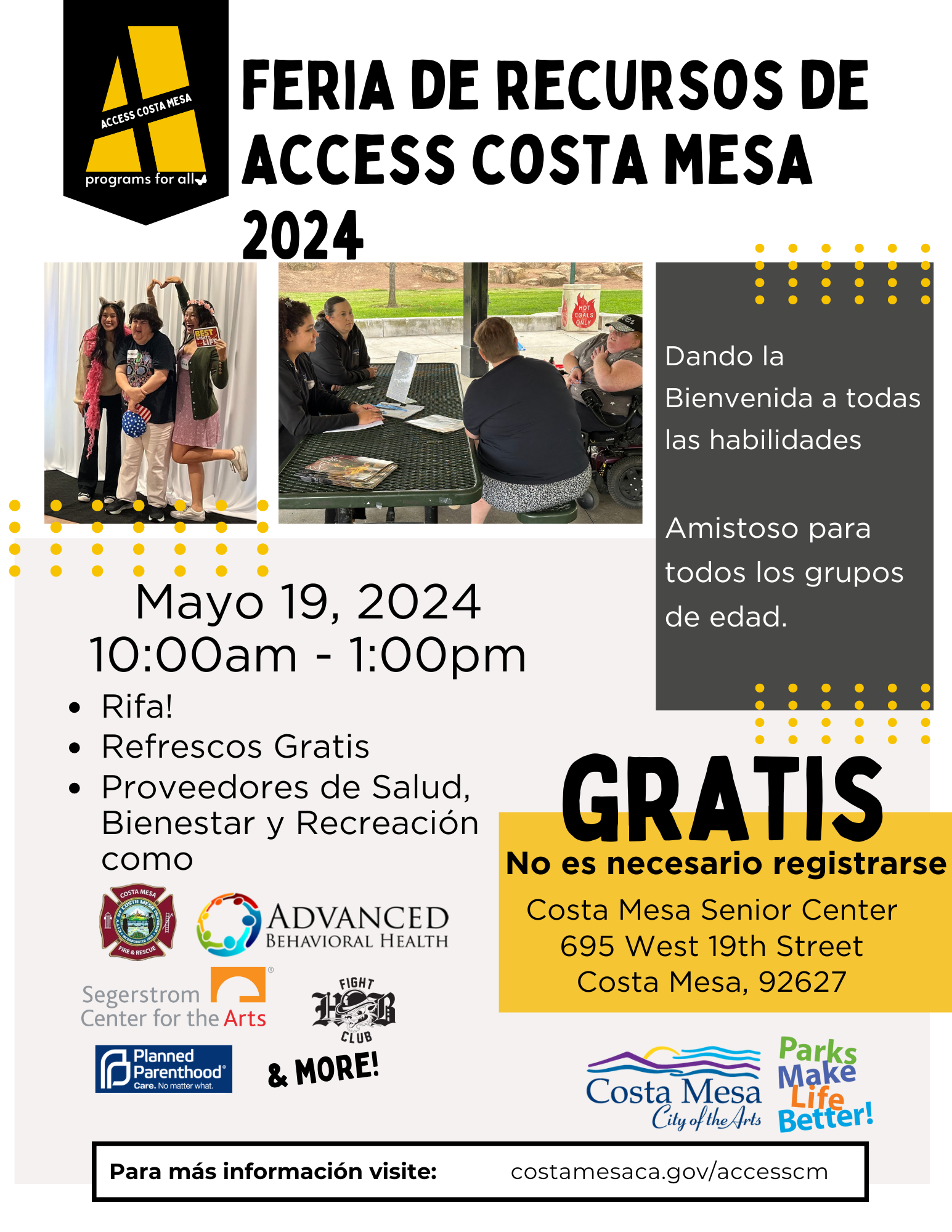 Spanish-language flyer for the Access Costa Mesa Resource Fair 2024, with event details, inclusive messaging, and information on location, date, and available activities.