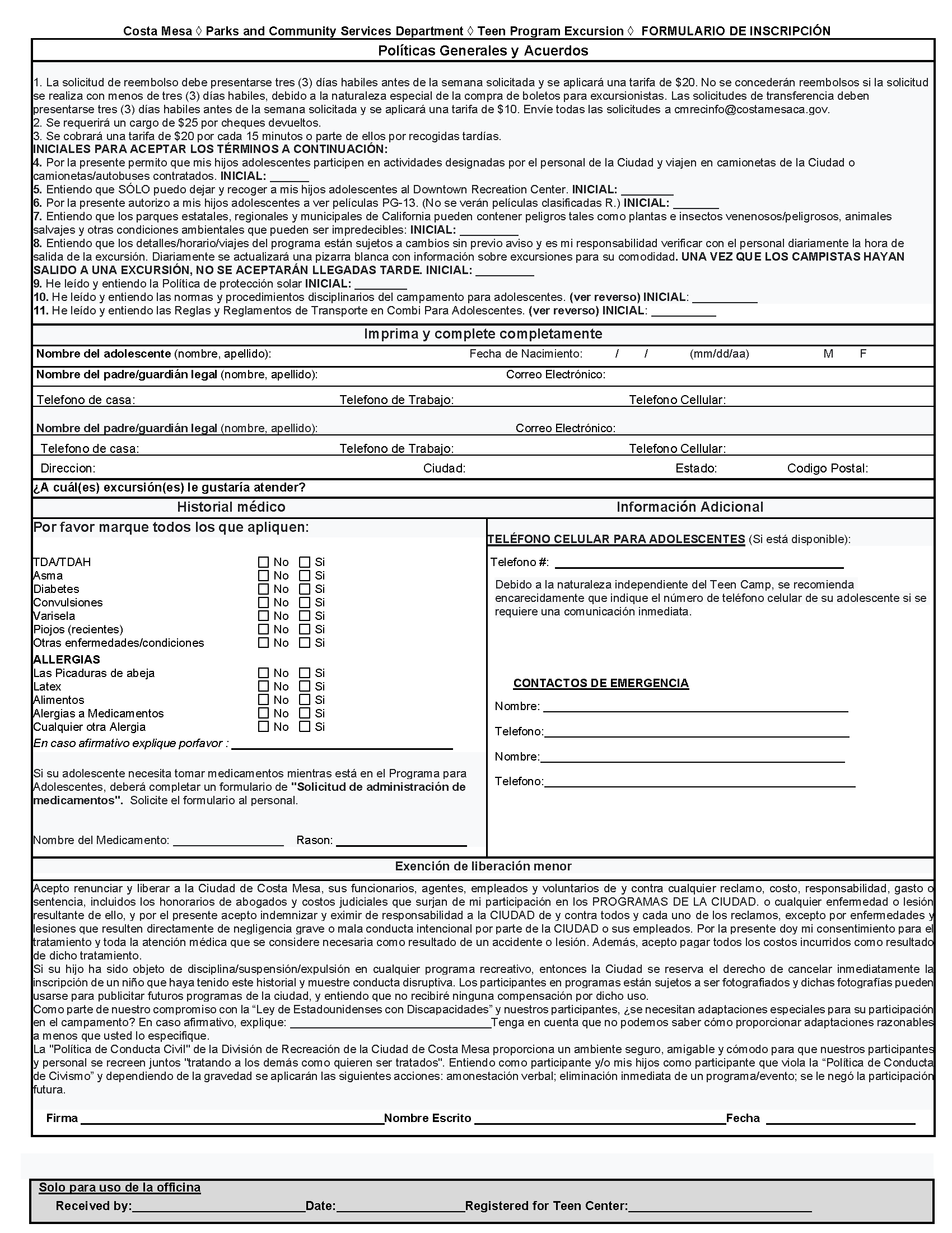 TEEN EXCURSION REGISTRATION FORMS  SPAN (002) 1