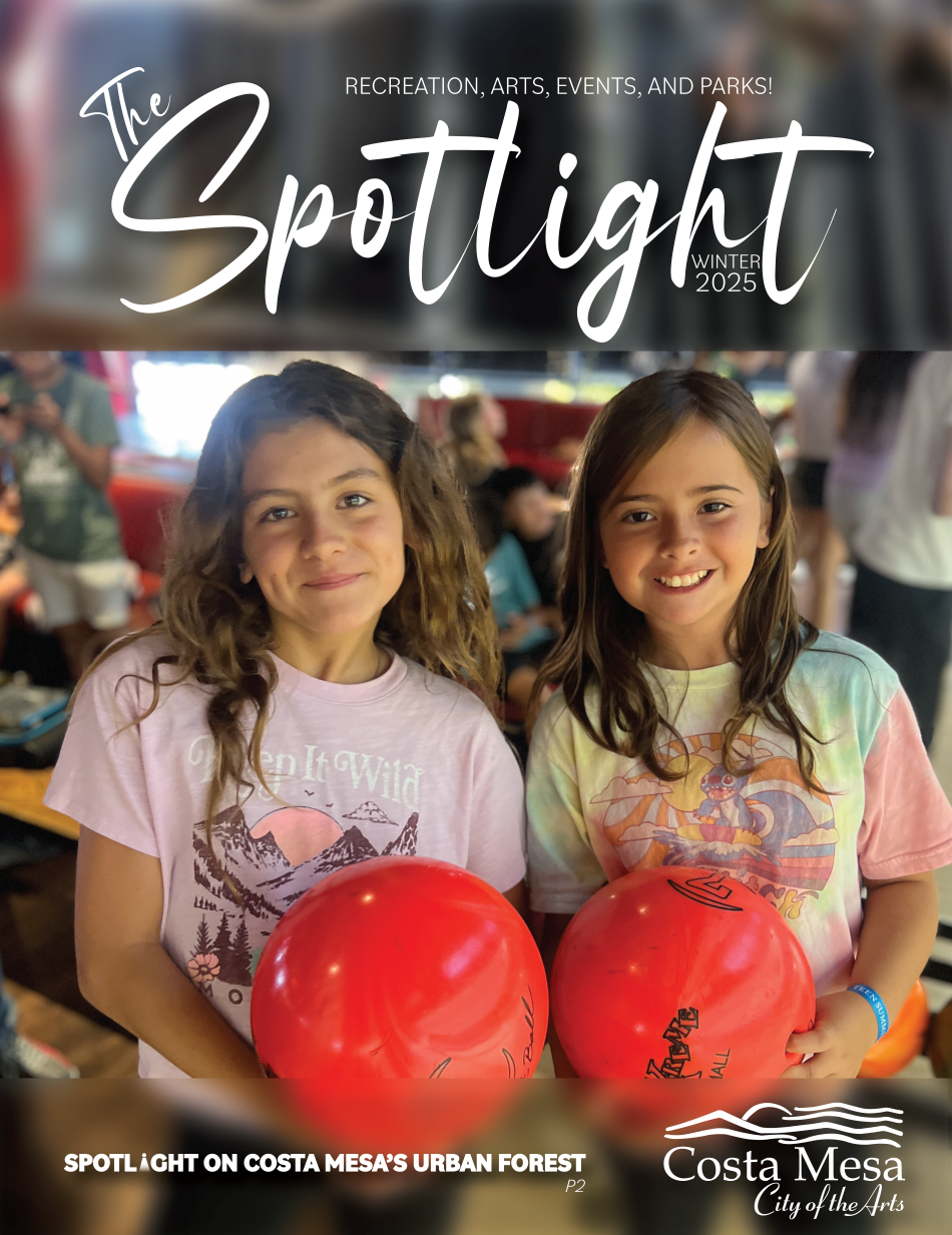 Two young girls holding red bowling balls smile at the camera. The cover title reads, "The Spotlight: Recreation, Arts, Events, and Parks! Winter 2025.