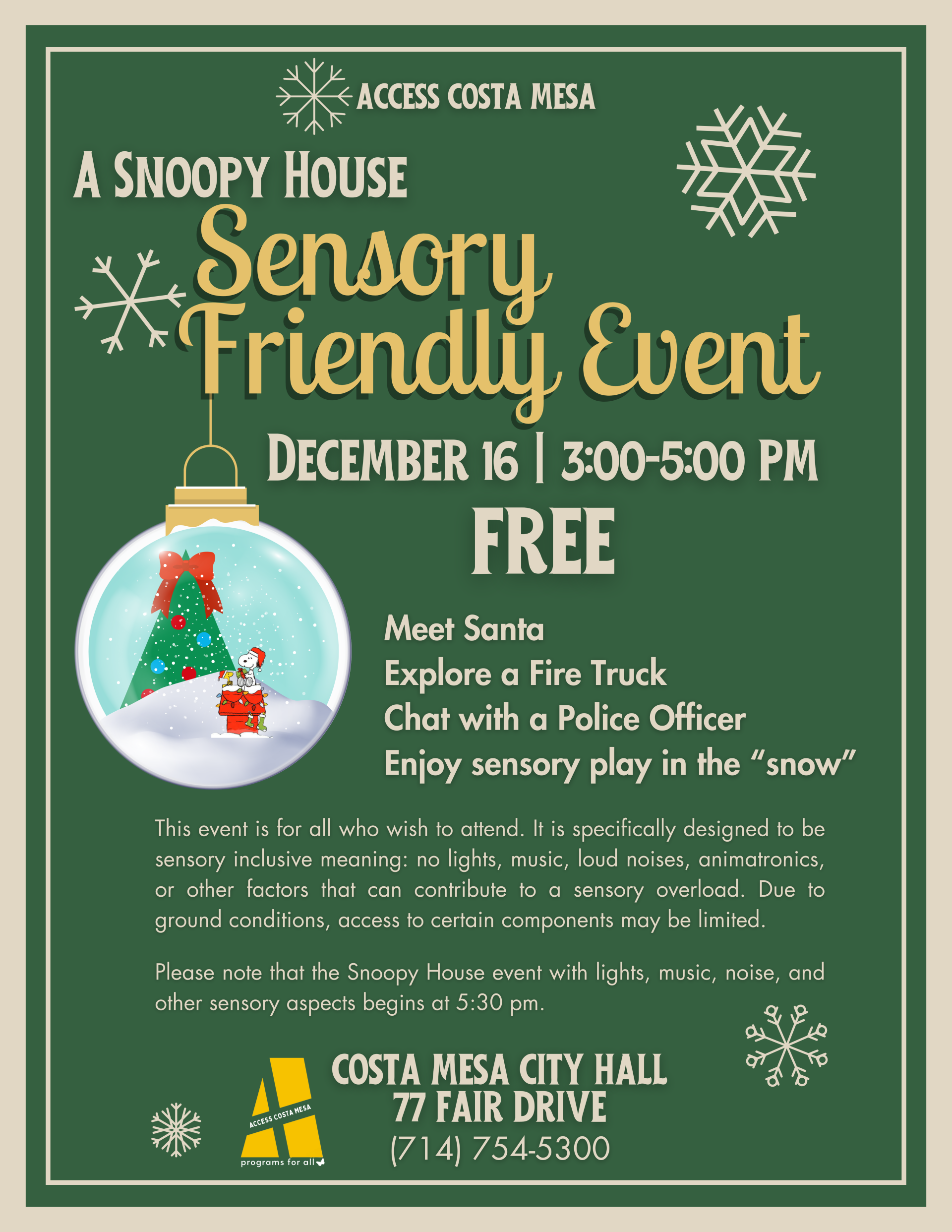 PDF Printable flyer for Access Costa Mesa's Sensory Friendly Event at Snoopy House, with event details, sensory accommodations, and activities listed.