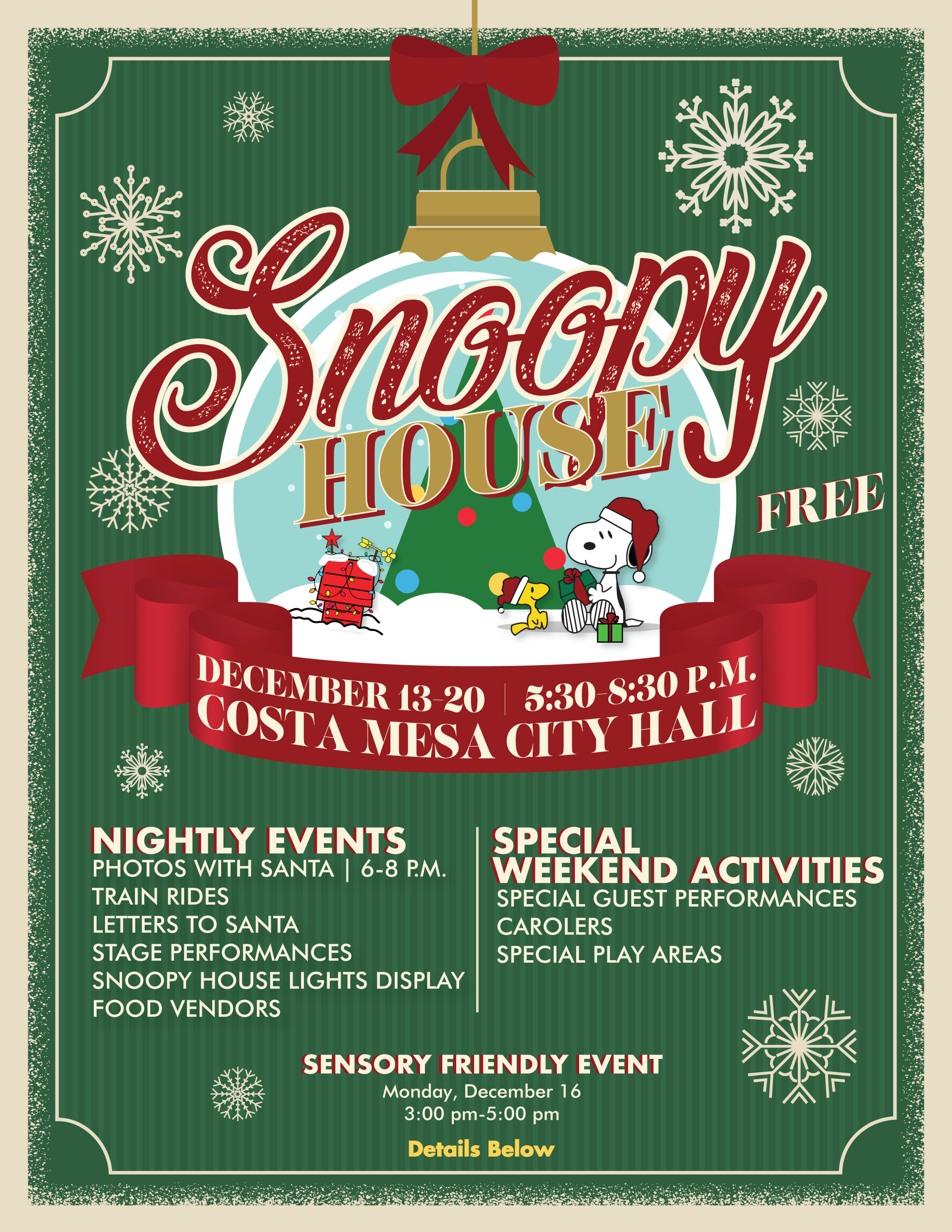 Flyer for Snoopy House holiday event at Costa Mesa City Hall, detailing nightly events, special weekend activities, and sensory-friendly accommodations.