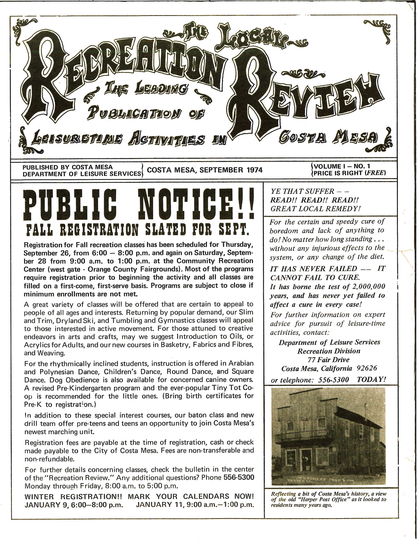 A vintage newsletter titled "The Local Recreation Review," published by the Costa Mesa Department of Leisure Services in September 1974, highlighting fall registration information for recreational classes.