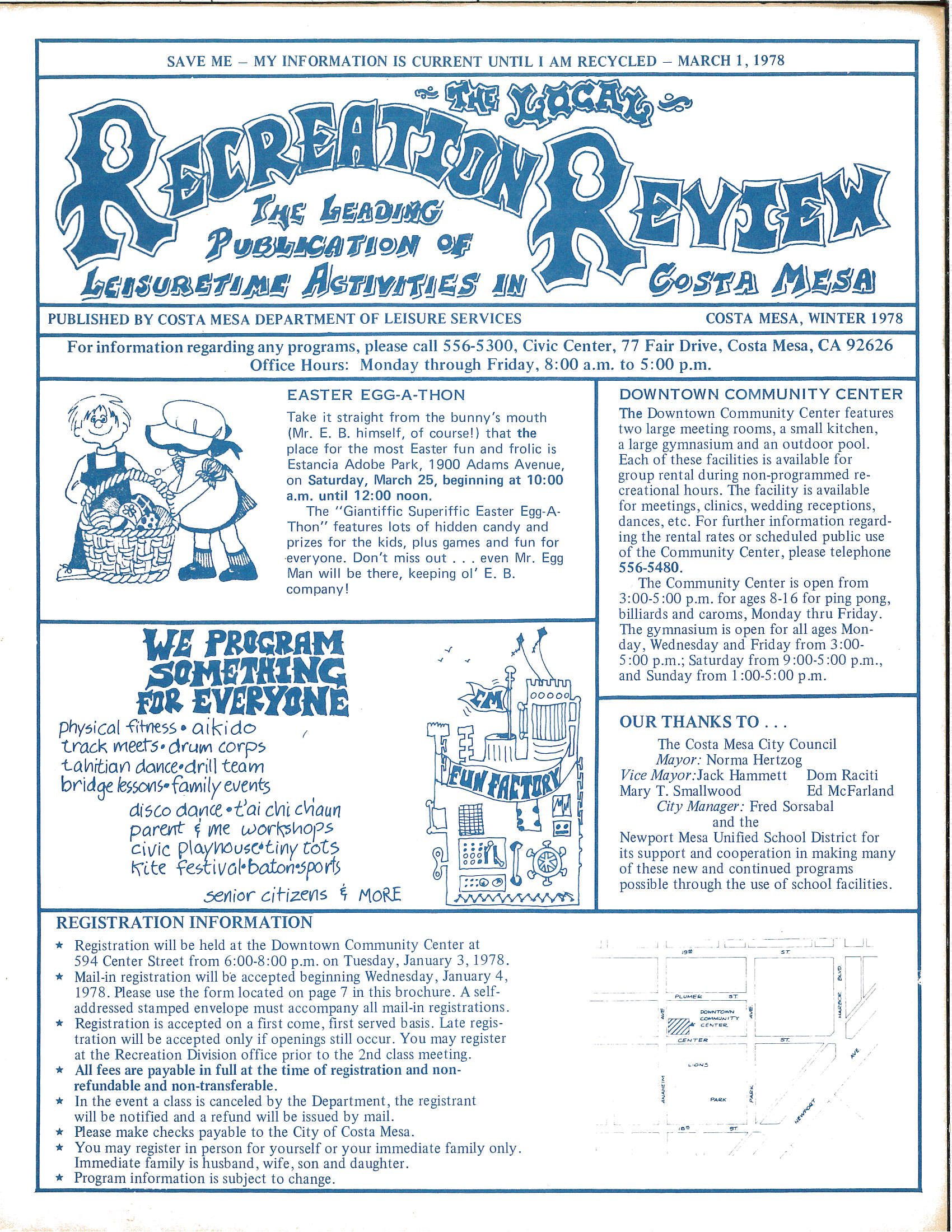 A vintage 1978 newsletter titled "The Local Recreation Review," published by the Costa Mesa Department of Leisure Services, highlighting events, programs, and registration information.