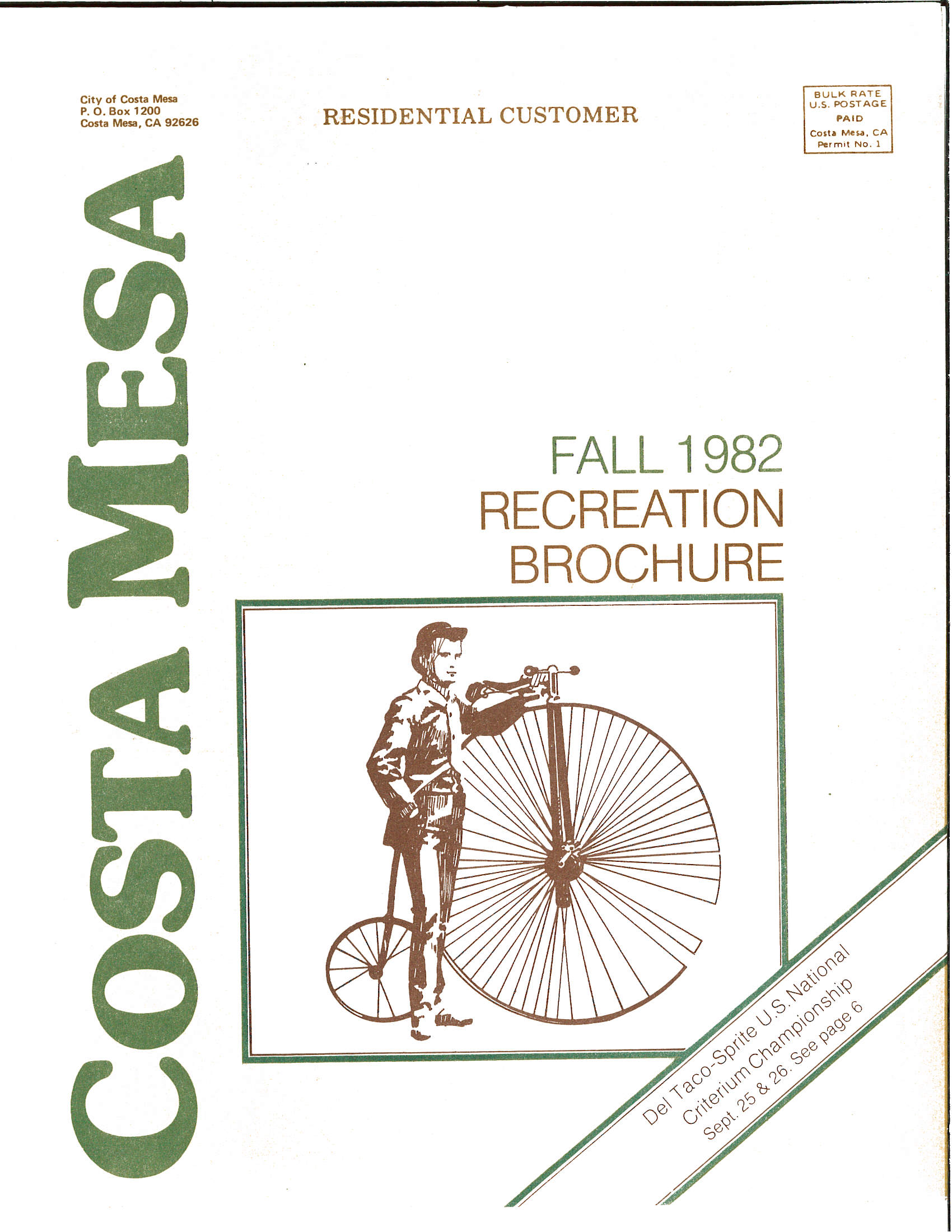 Cover of the Costa Mesa Fall 1982 Recreation Brochure featuring an illustration of a man with a vintage bicycle.