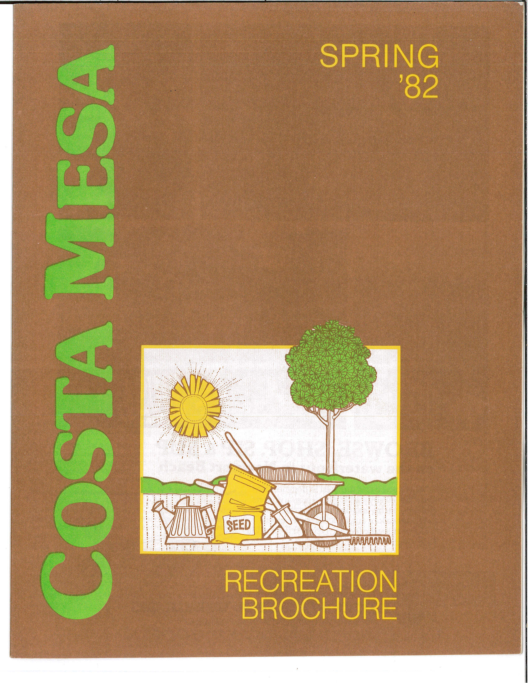 Cover of the Costa Mesa Spring 1982 Recreation Brochure with a gardening theme.