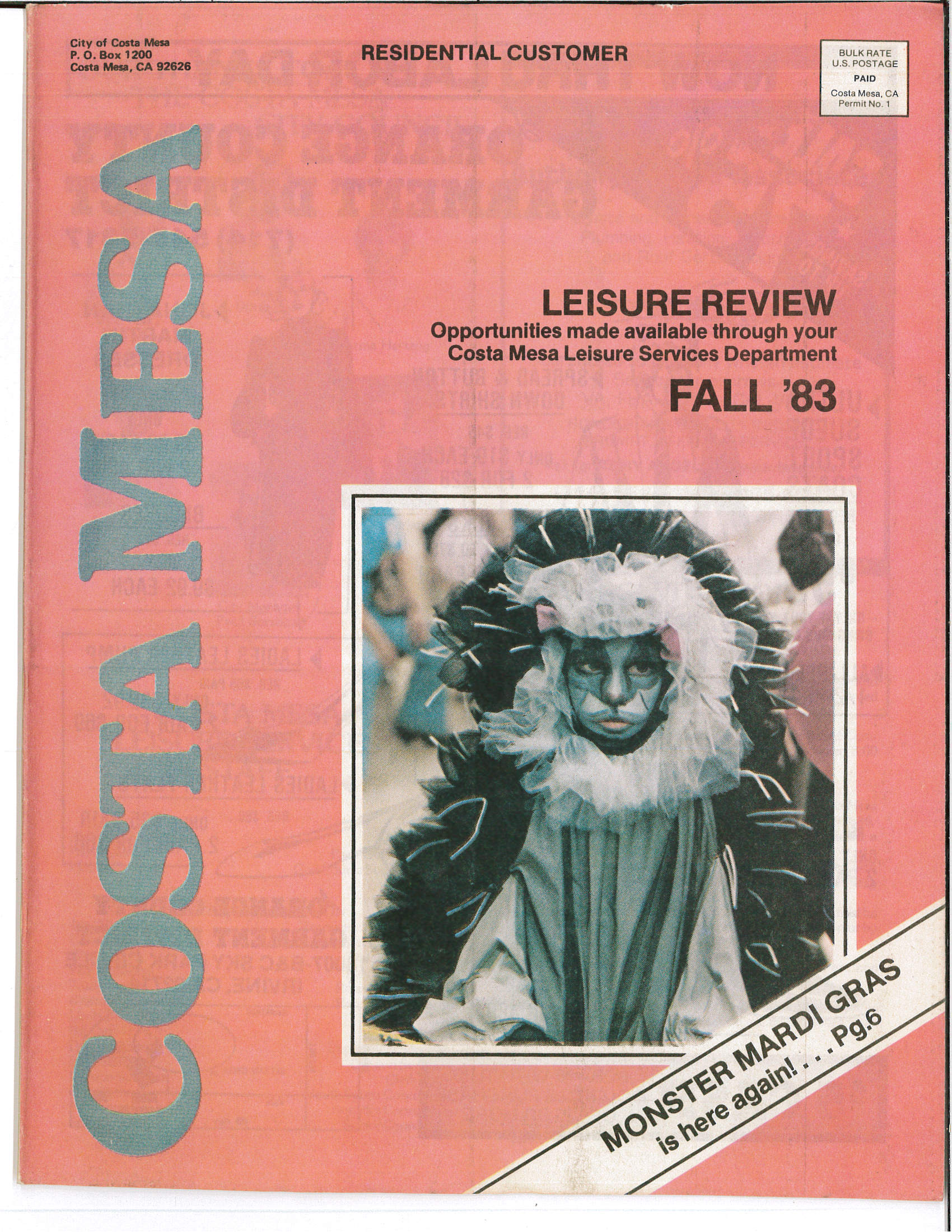 Cover of the Costa Mesa Fall 1983 Leisure Review featuring a child dressed as a cat.