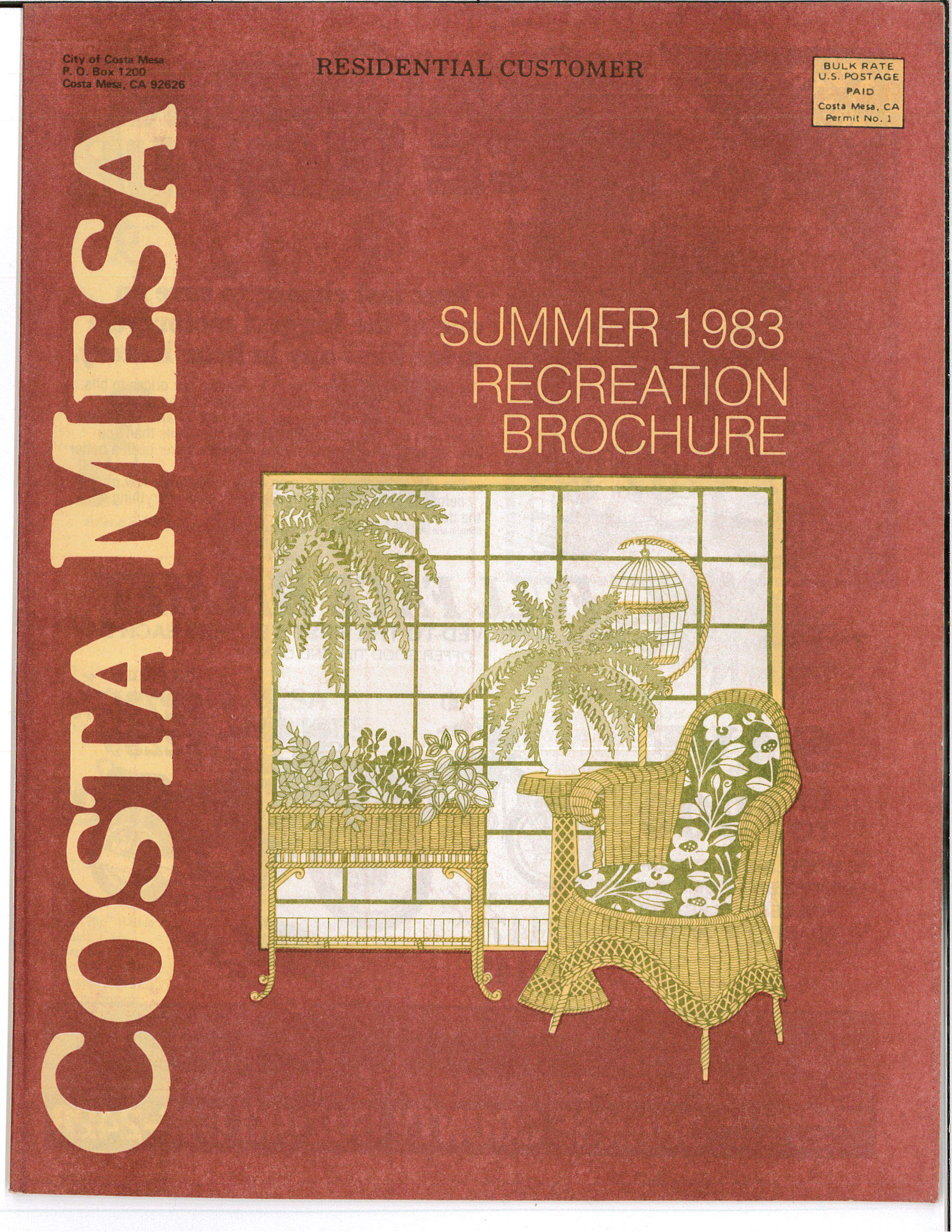 Cover of the Costa Mesa Summer 1983 Recreation Brochure featuring an indoor garden scene.