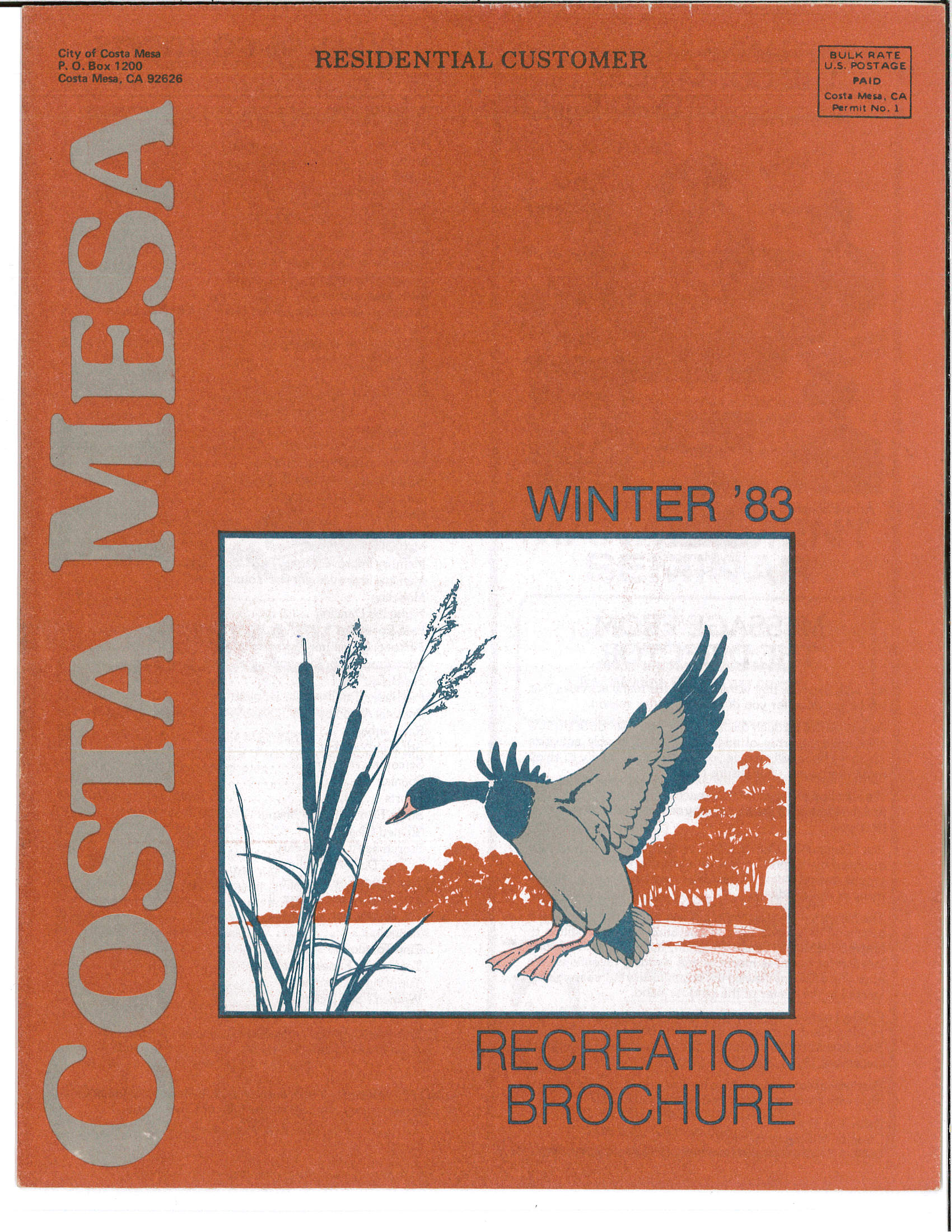 Cover of the Costa Mesa Winter 1983 Recreation Brochure featuring a duck landing in a marsh.