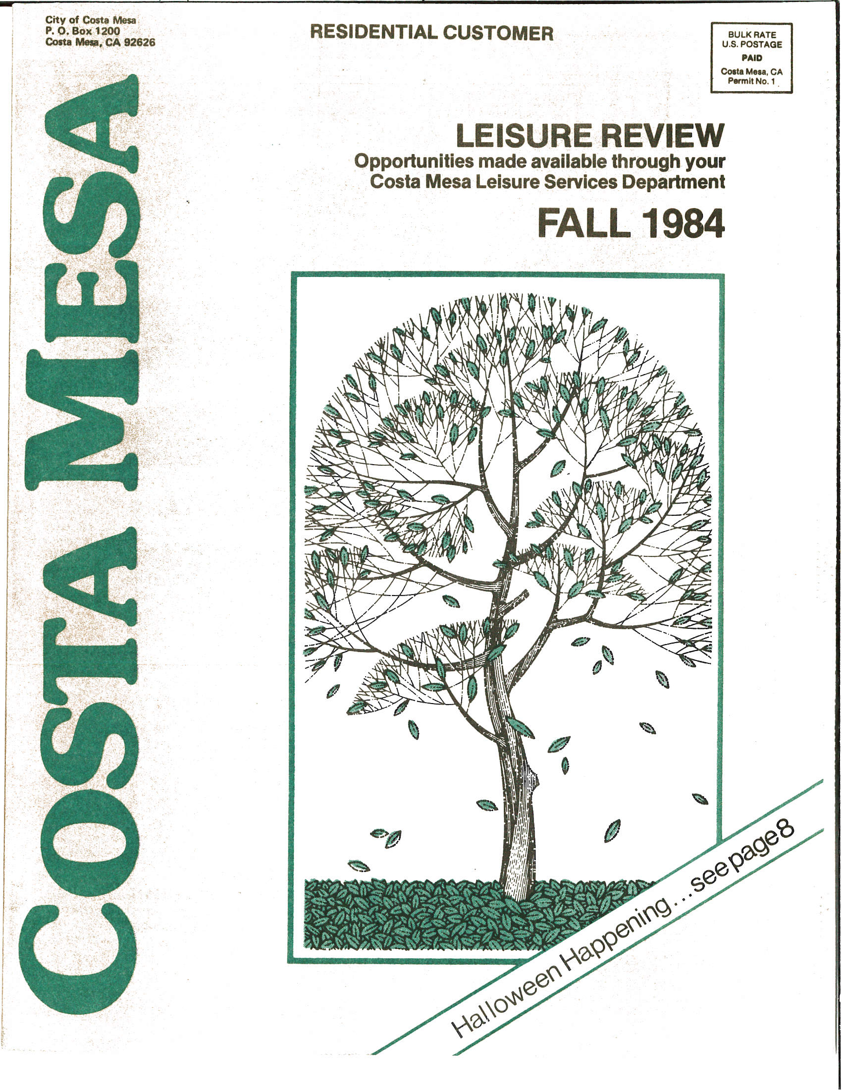 Cover of the Costa Mesa Fall 1984 Leisure Review featuring an illustration of a tree.