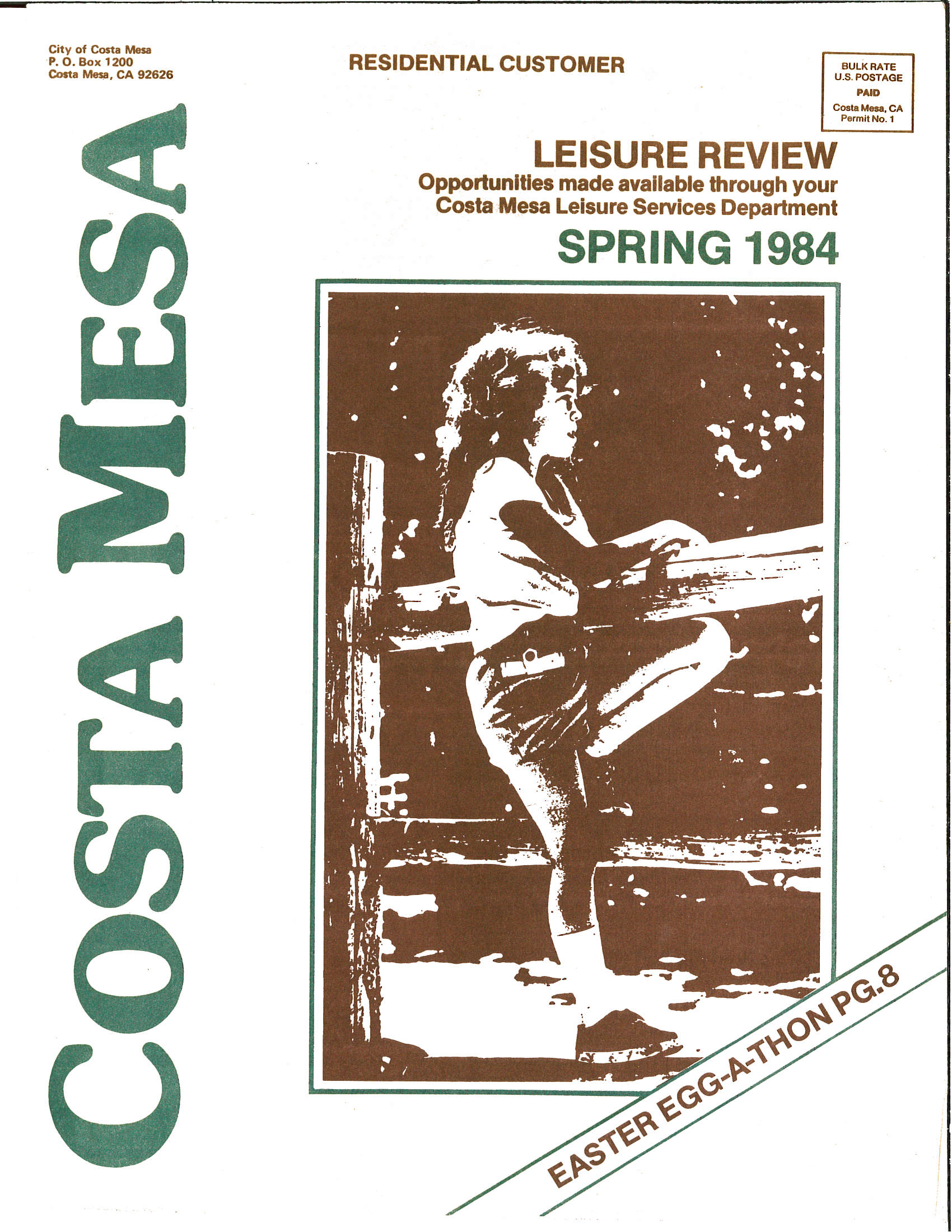 Cover of the Costa Mesa Spring 1984 Leisure Review featuring a child leaning on a fence.