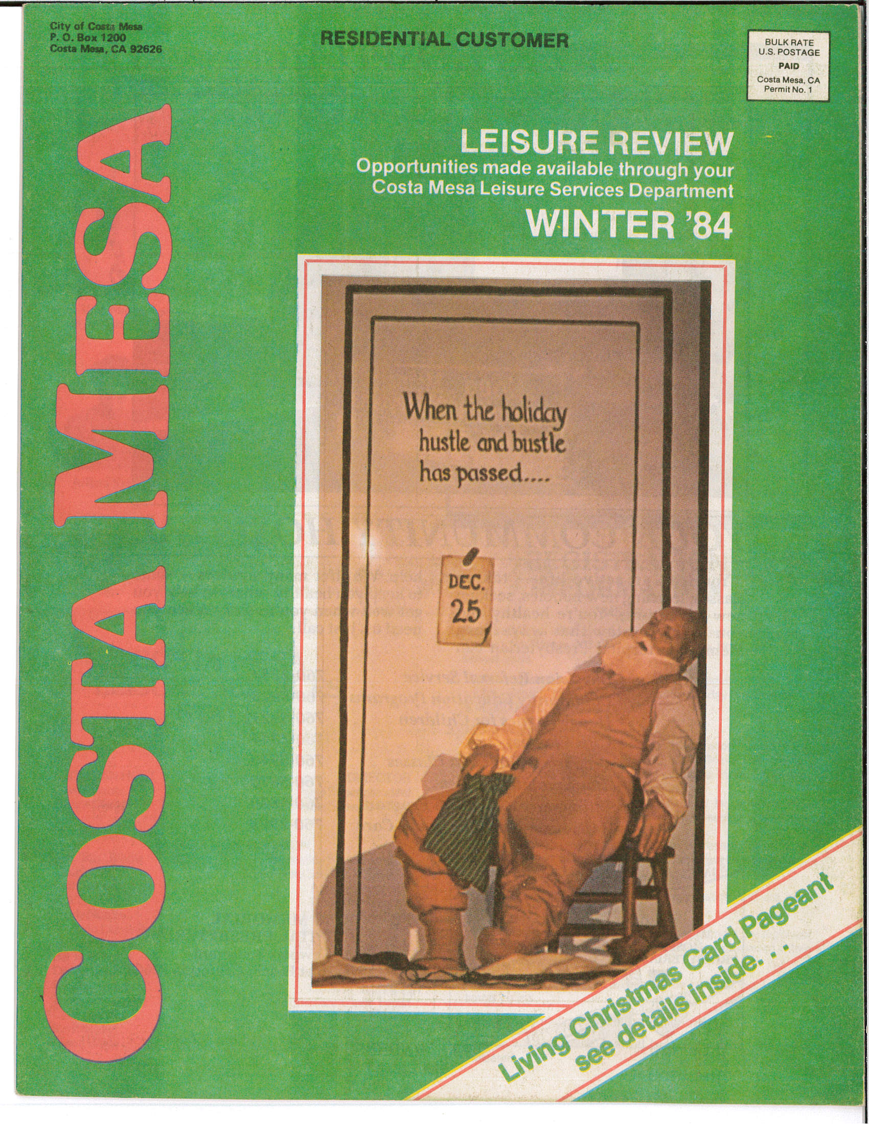 Cover of the Costa Mesa Winter 1984 Leisure Review featuring a holiday-themed illustration.