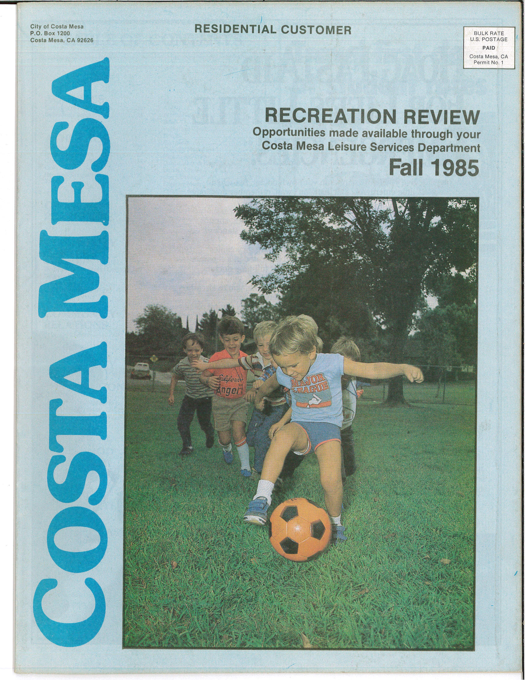 Cover of the Costa Mesa Fall 1985 Recreation Review featuring children playing soccer.