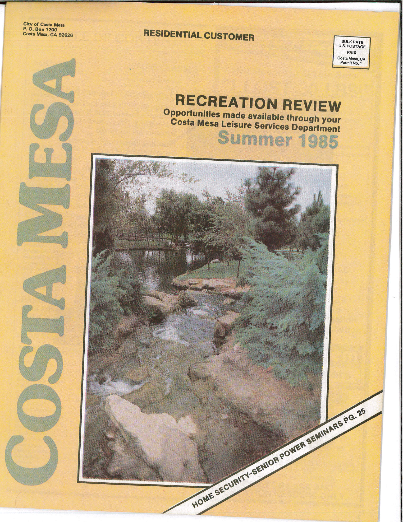 Cover of the Costa Mesa Summer 1985 Recreation Review featuring a serene park scene with a small waterfall.