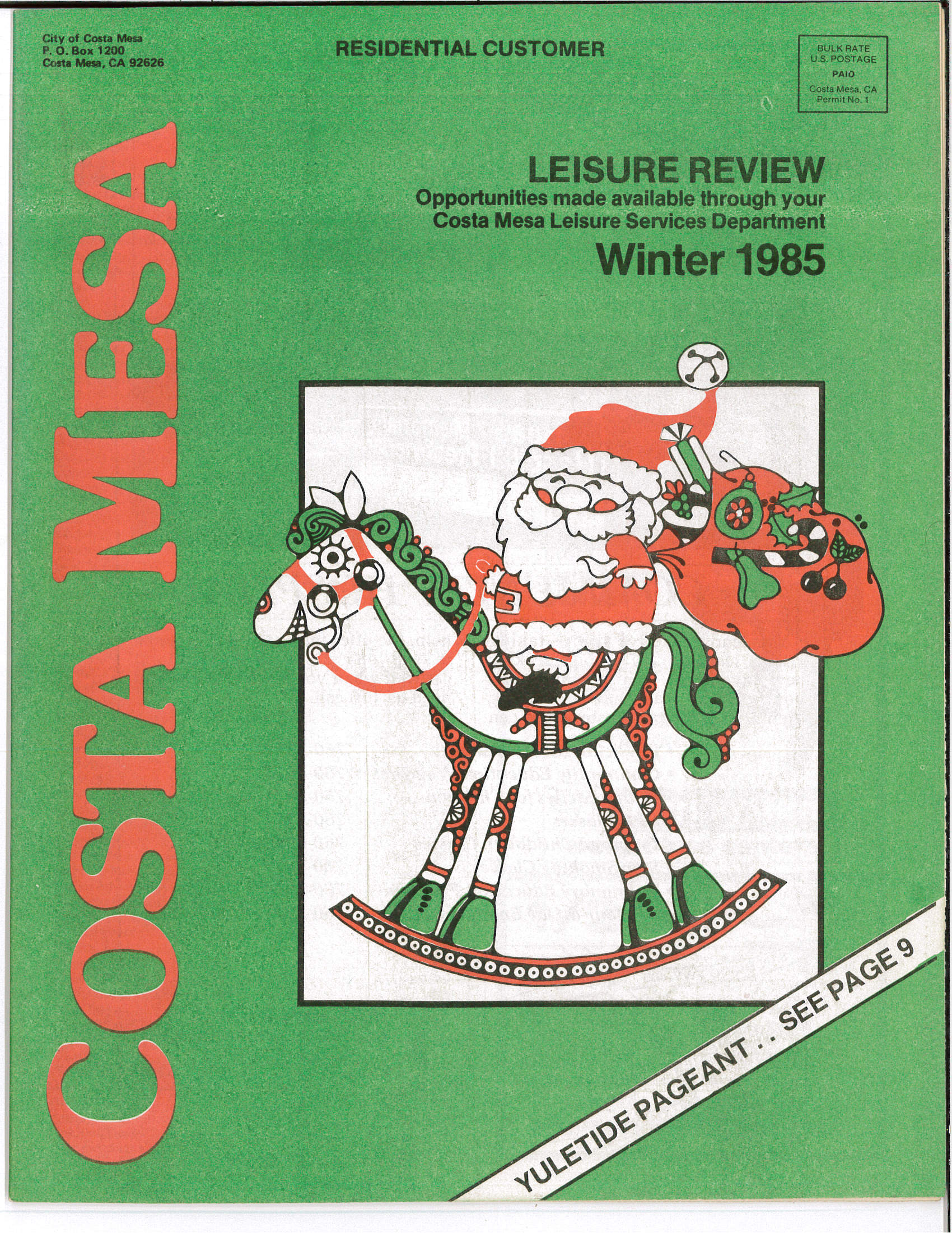 Cover of the Costa Mesa Winter 1985 Leisure Review featuring Santa Claus riding a festive rocking horse.