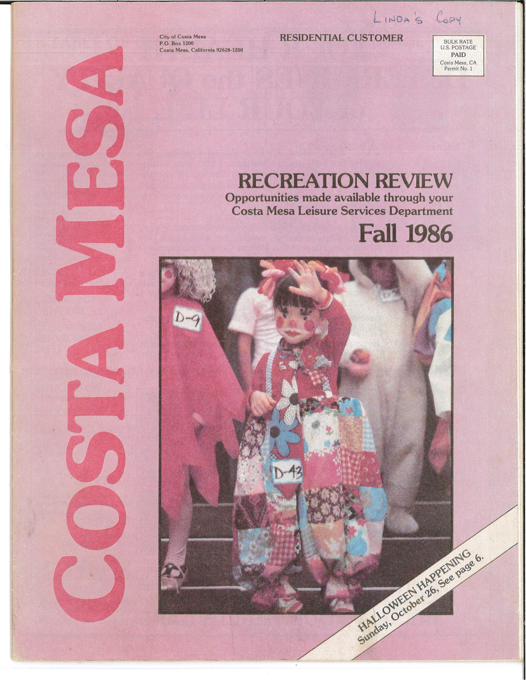 Cover of the Costa Mesa Fall 1986 Recreation Review featuring a young child dressed in a patchwork costume at a Halloween event.