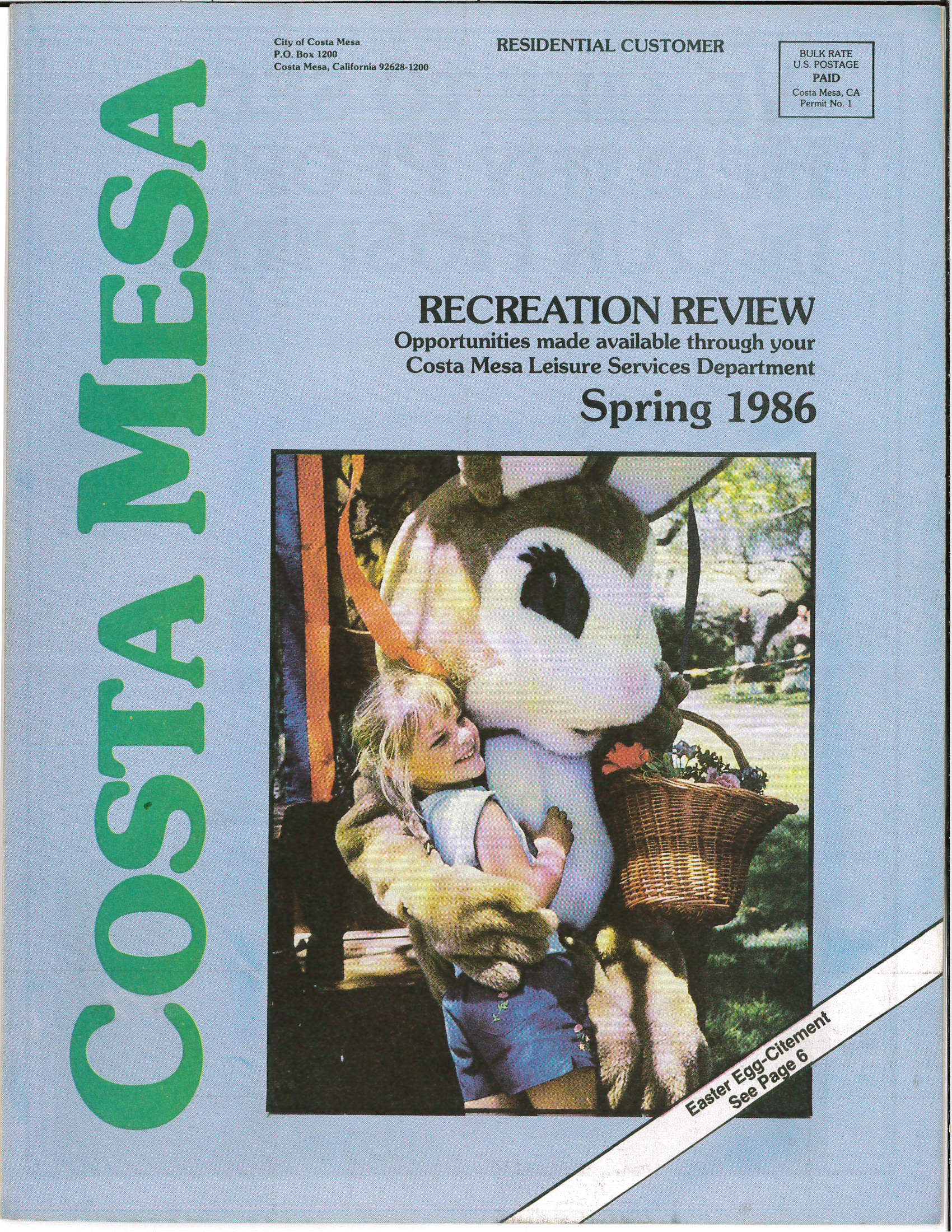 Cover of the Costa Mesa Spring 1986 Recreation Review featuring a child hugging a large bunny mascot.