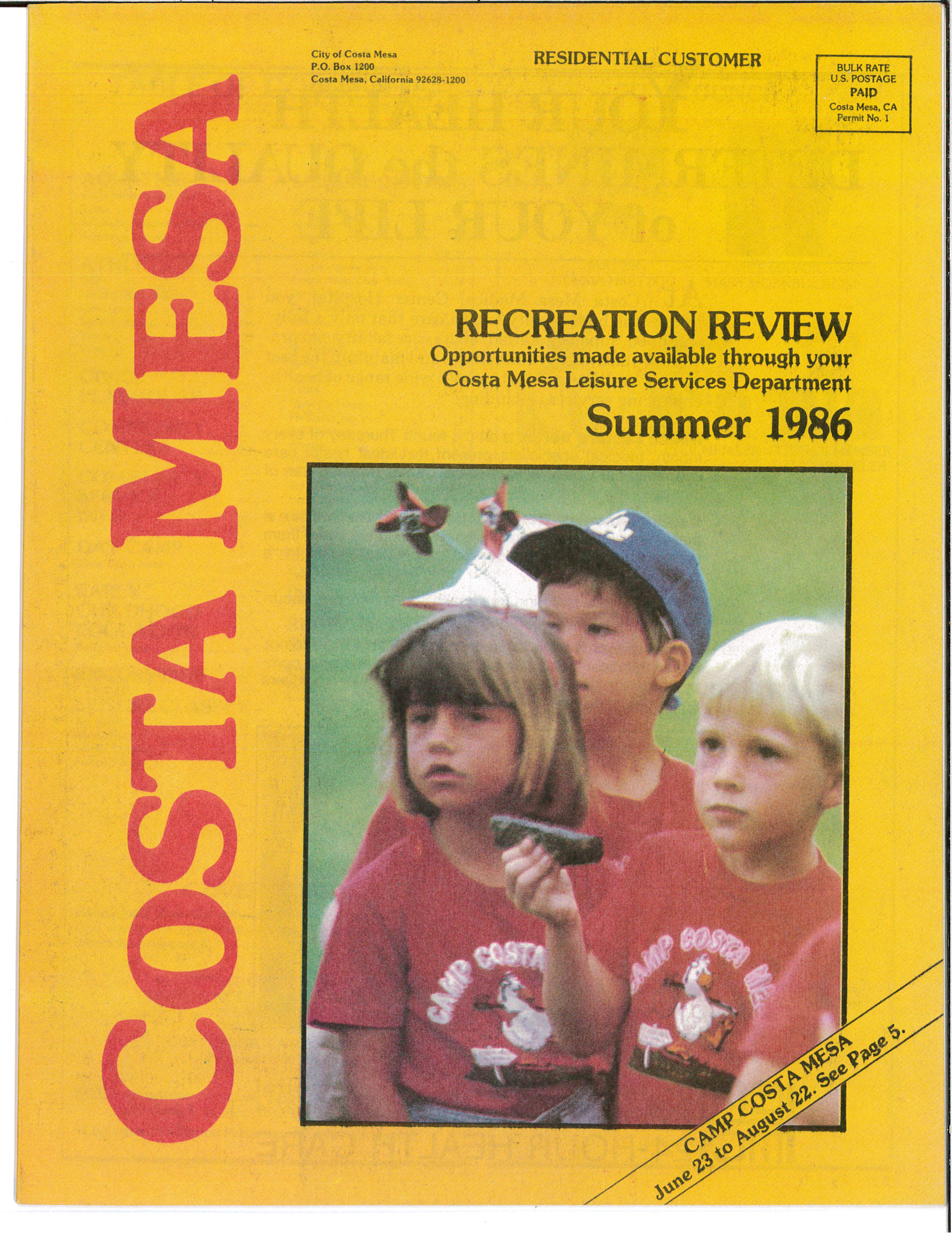 Cover of the Costa Mesa Summer 1986 Recreation Review featuring children at Camp Costa Mesa.