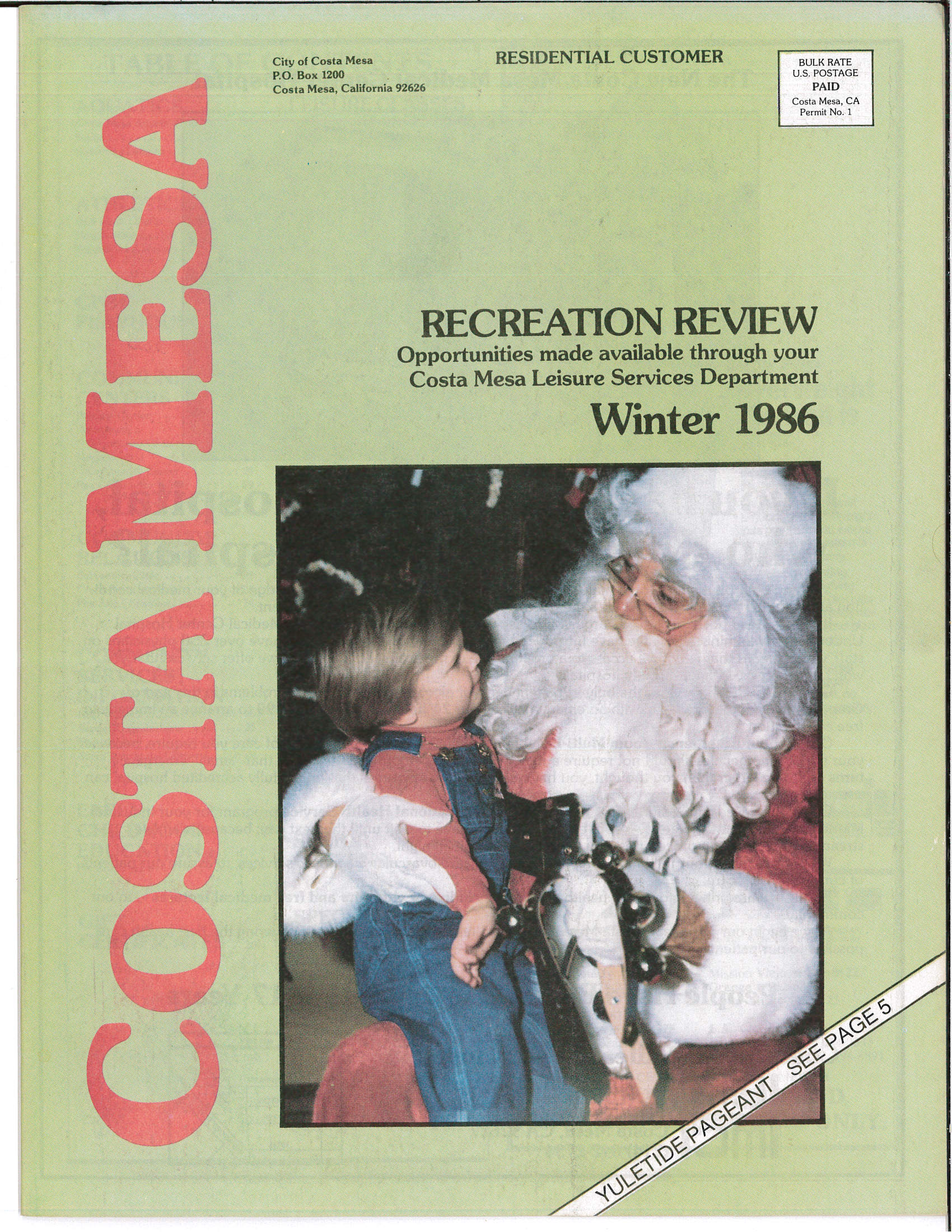 Cover of the Costa Mesa Winter 1986 Recreation Review featuring Santa Claus with a young child.