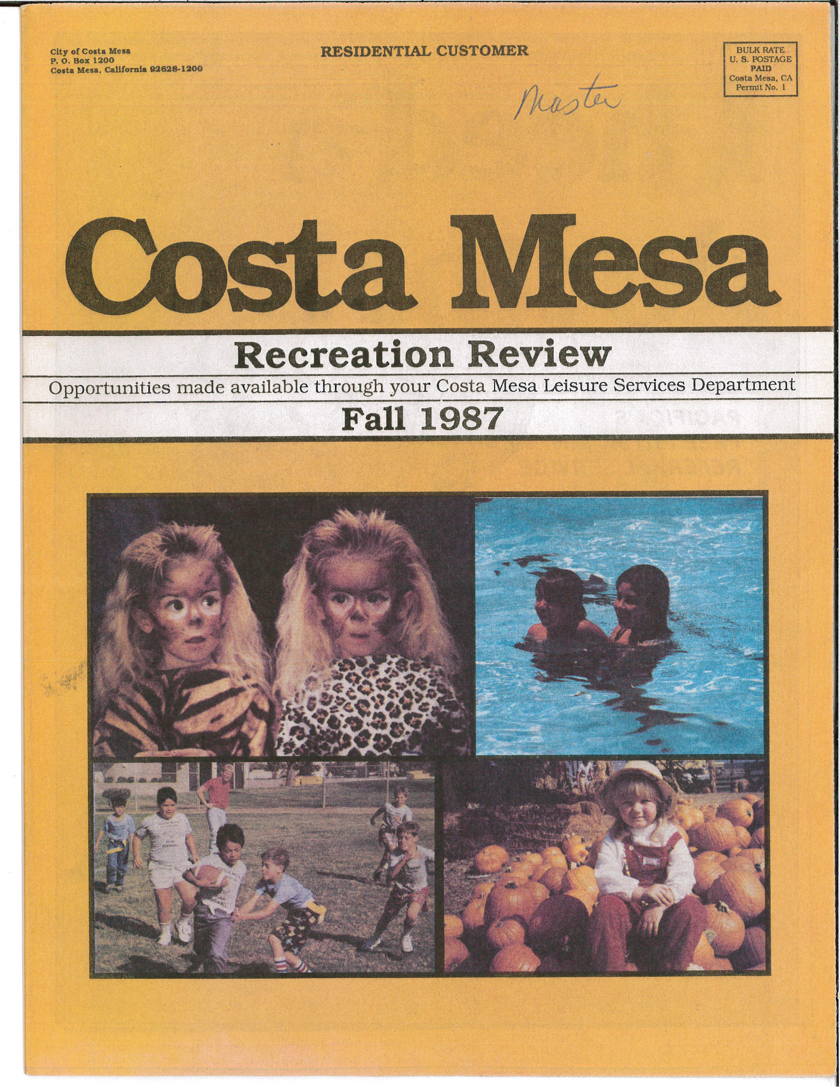 Cover of the Costa Mesa Fall 1987 Recreation Review with images of fall activities, including Halloween costumes and pumpkin picking.