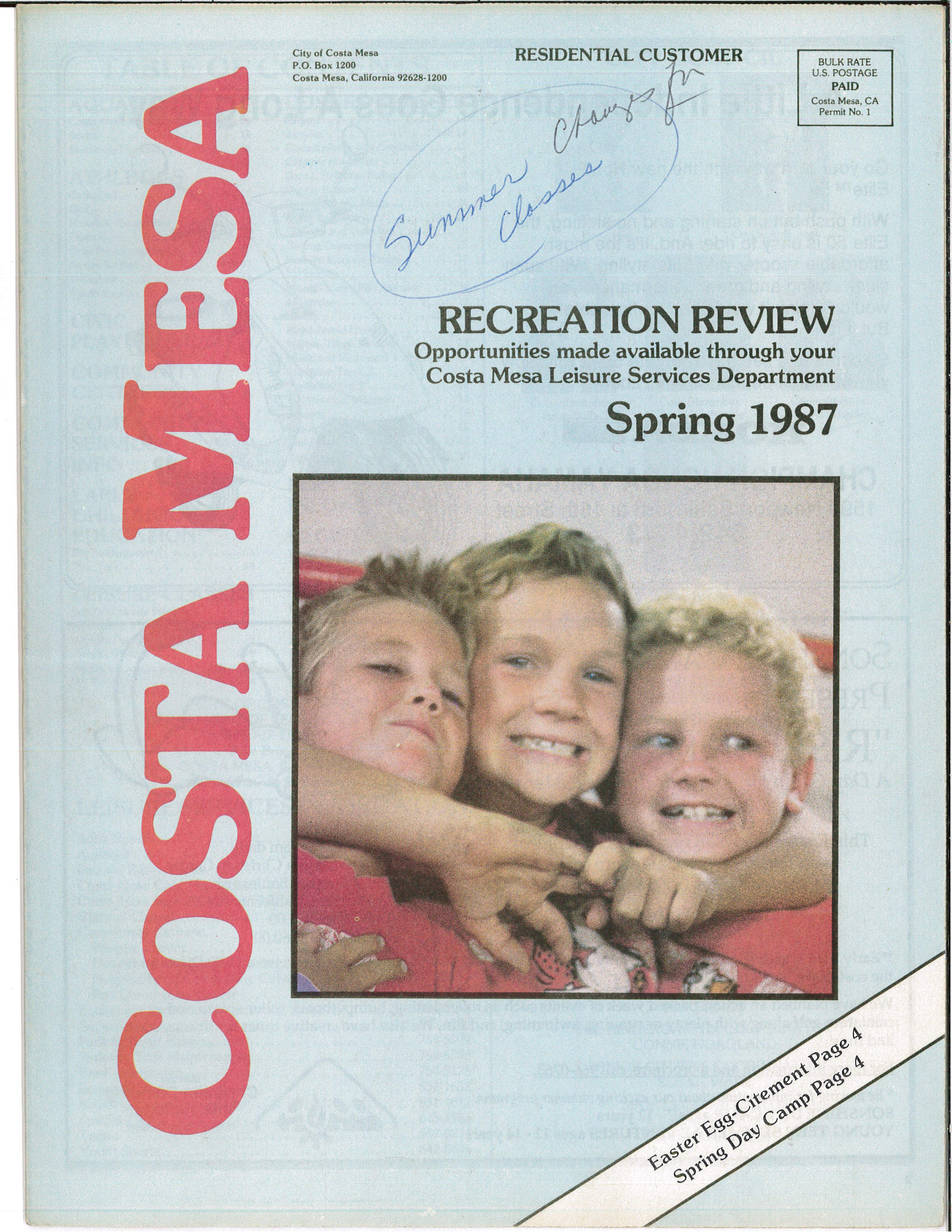 Cover of the Costa Mesa Spring 1987 Recreation Review featuring children hugging and smiling.