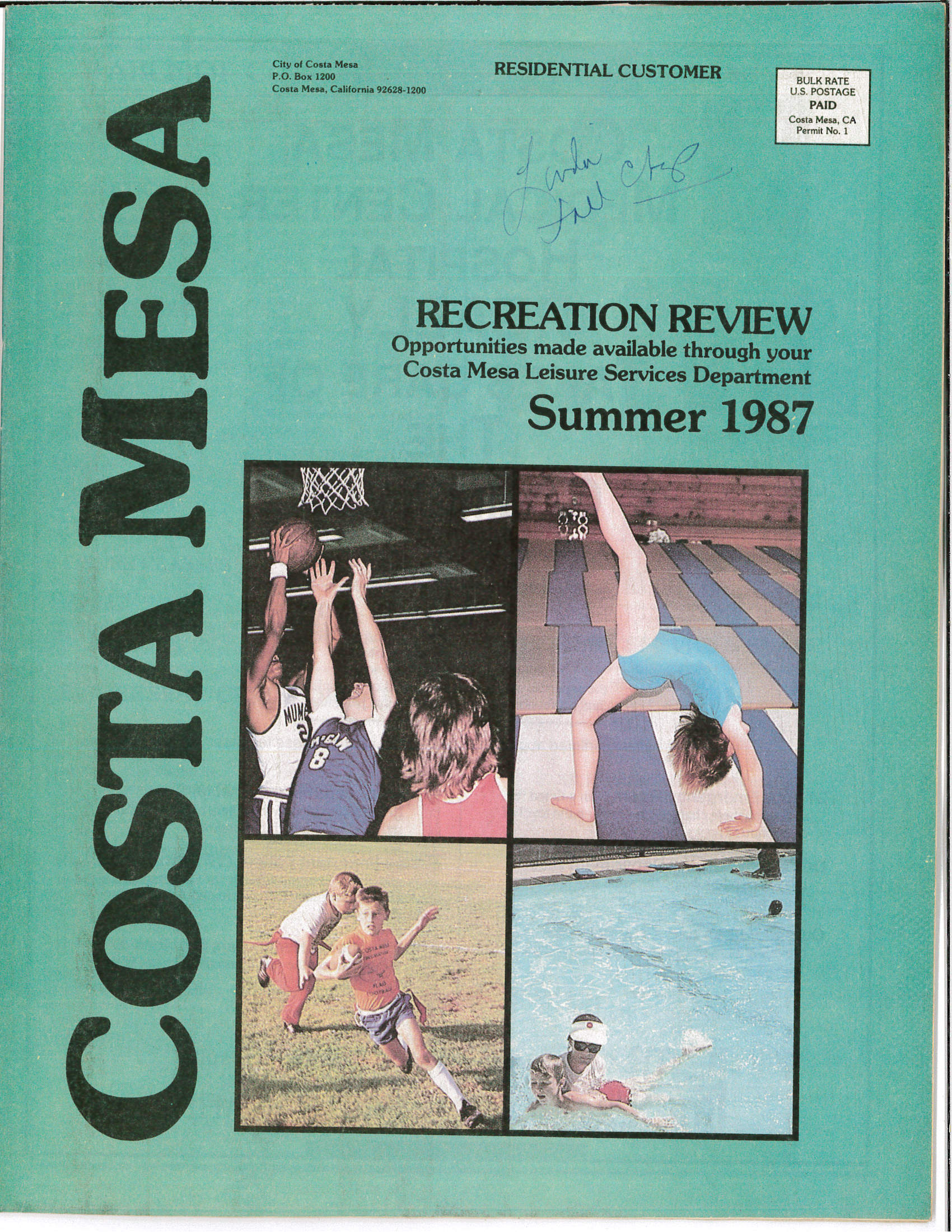 Cover of the Costa Mesa Summer 1987 Recreation Review with images of various recreational activities.