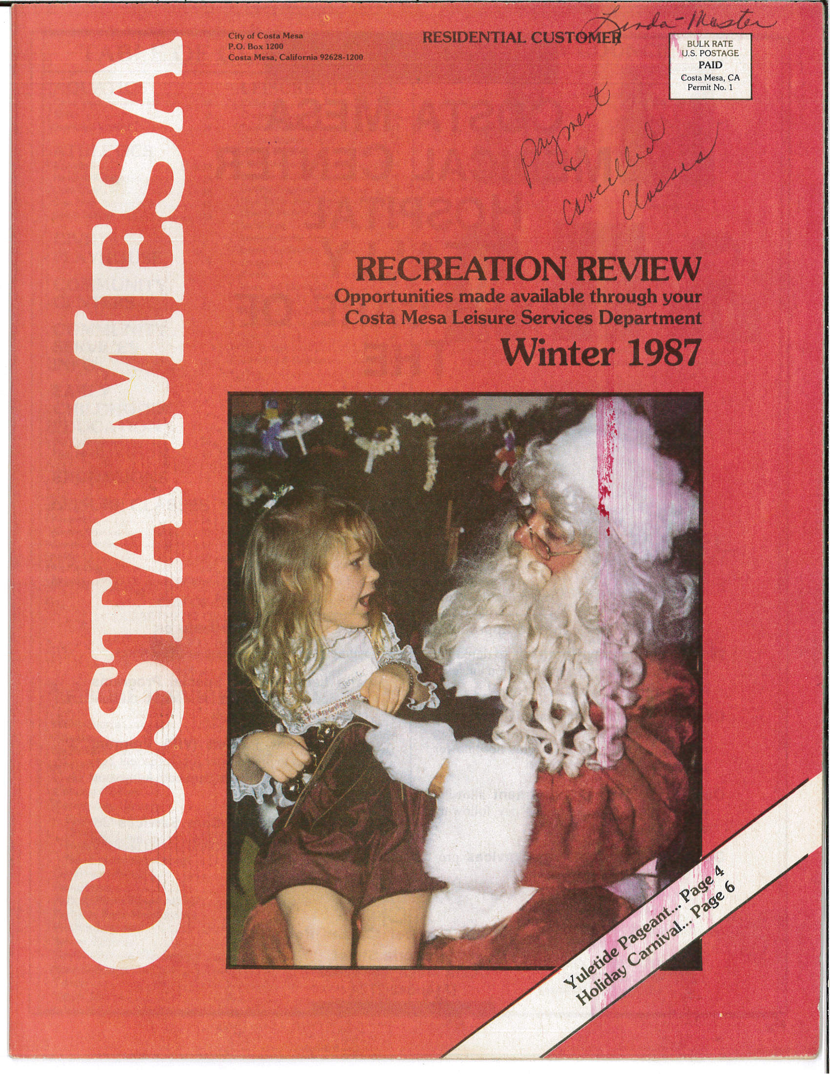 Cover of the Costa Mesa Winter 1987 Recreation Review featuring a young child with Santa Claus.