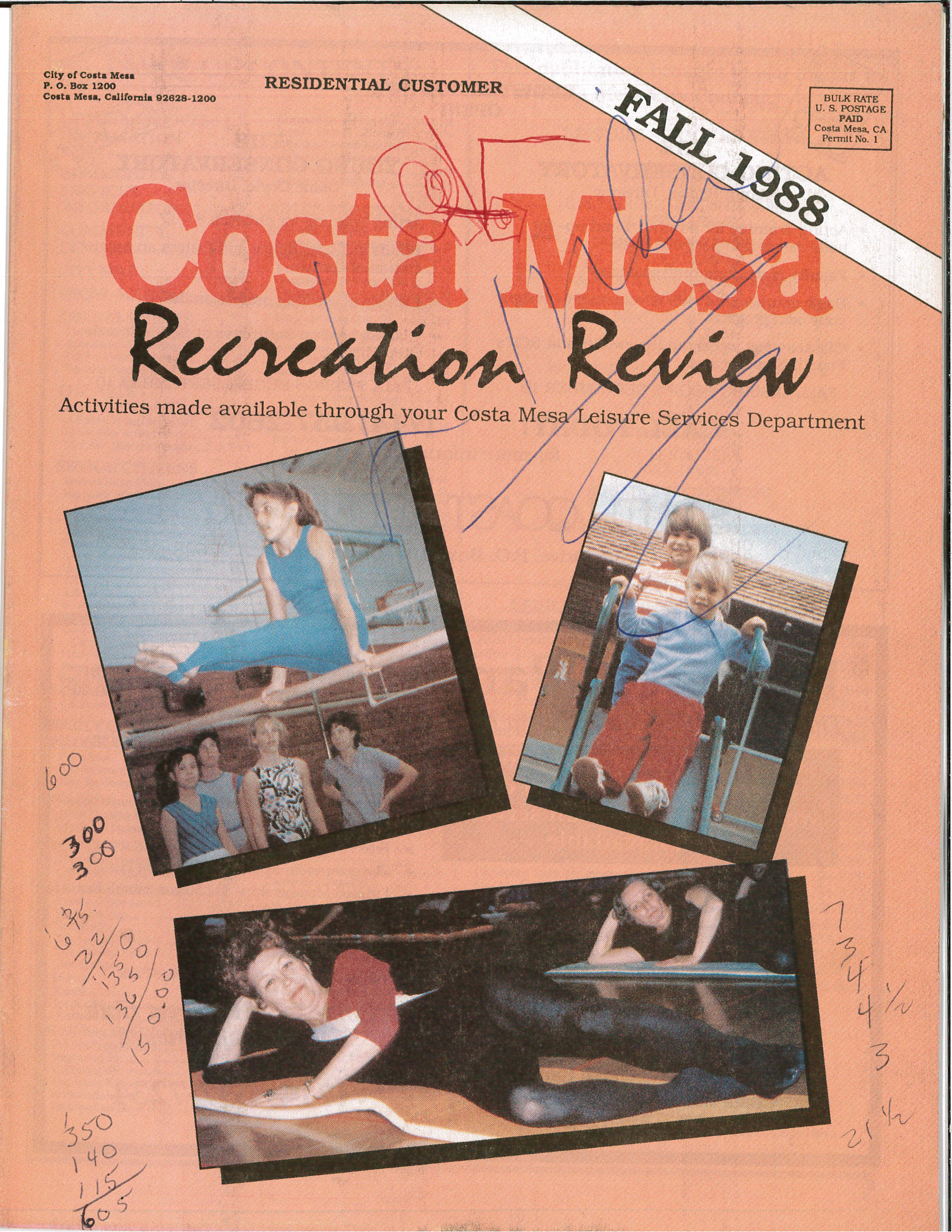 Cover of the Costa Mesa Fall 1988 Recreation Review featuring images of recreational activities like gymnastics and outdoor play.