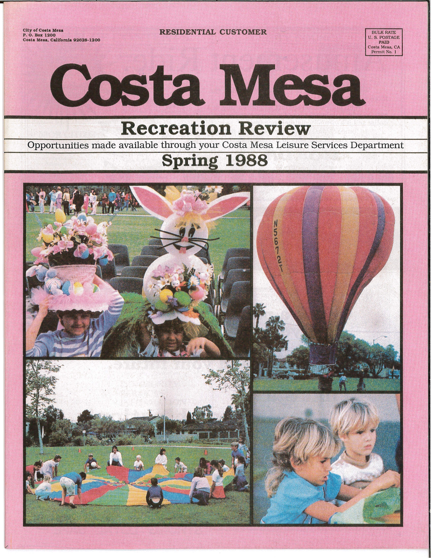 Cover of the Costa Mesa Spring 1988 Recreation Review featuring children participating in spring events.