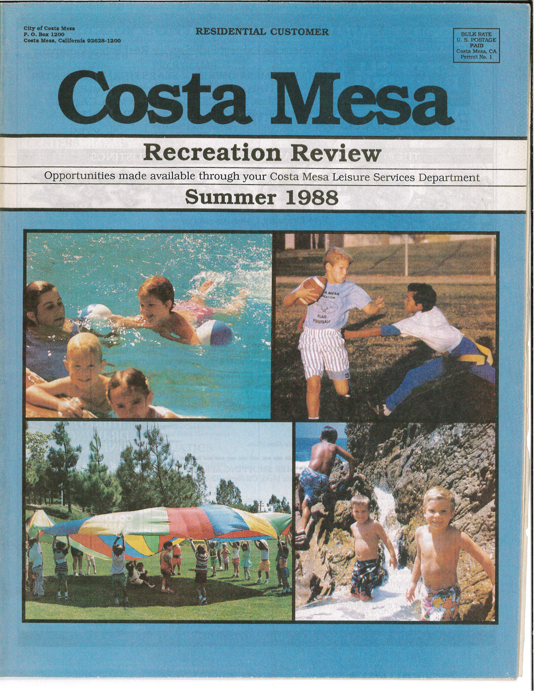 Cover of the Costa Mesa Summer 1988 Recreation Review featuring kids enjoying water activities and outdoor fun.