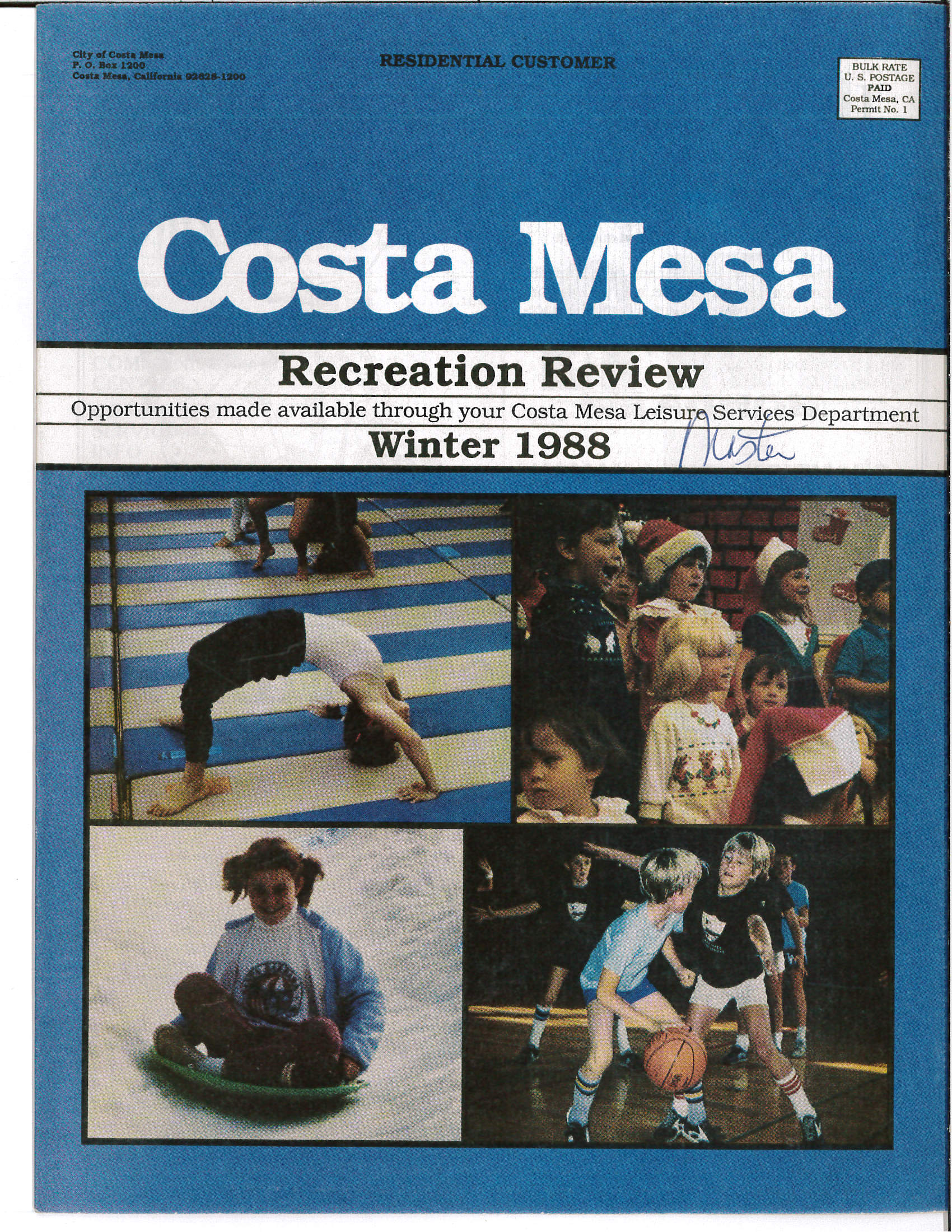 Cover of the Costa Mesa Winter 1988 Recreation Review featuring children participating in various winter activities.