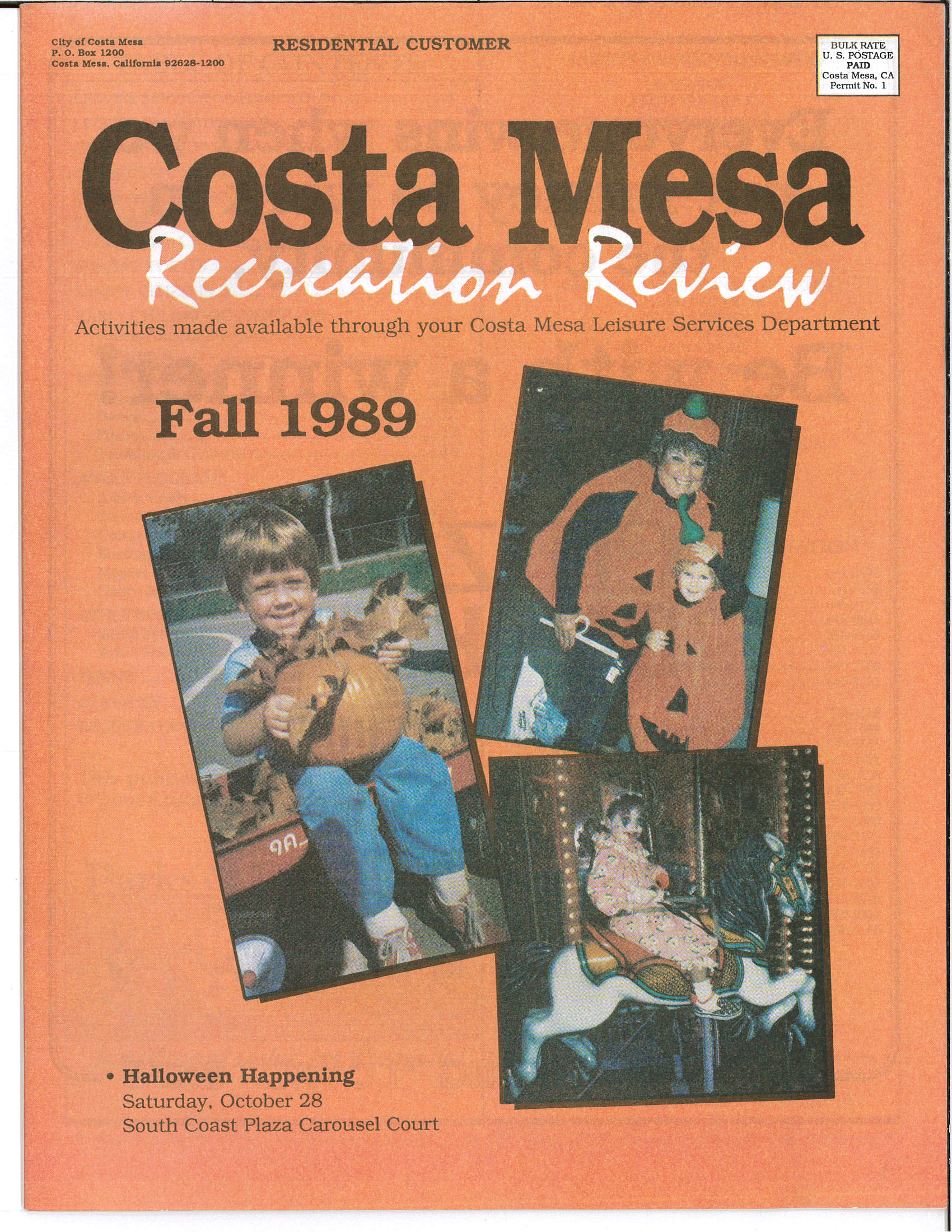 Cover of the Costa Mesa Fall 1989 Recreation Review featuring children with pumpkins and Halloween costumes.