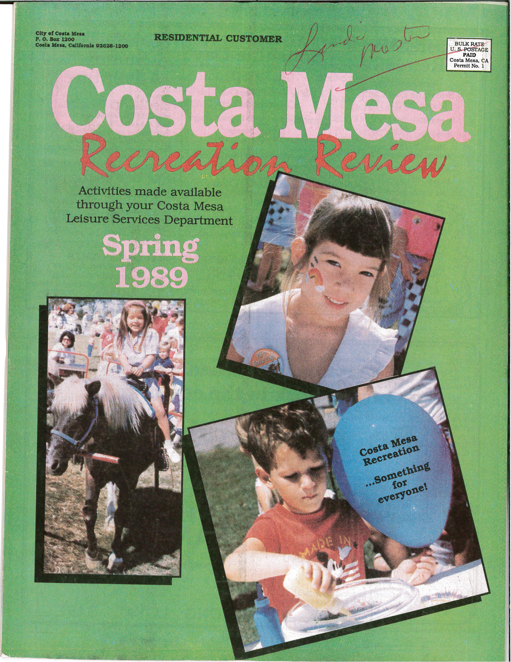 Cover of the Costa Mesa Spring 1989 Recreation Review featuring children at a spring fair with pony rides and crafts.