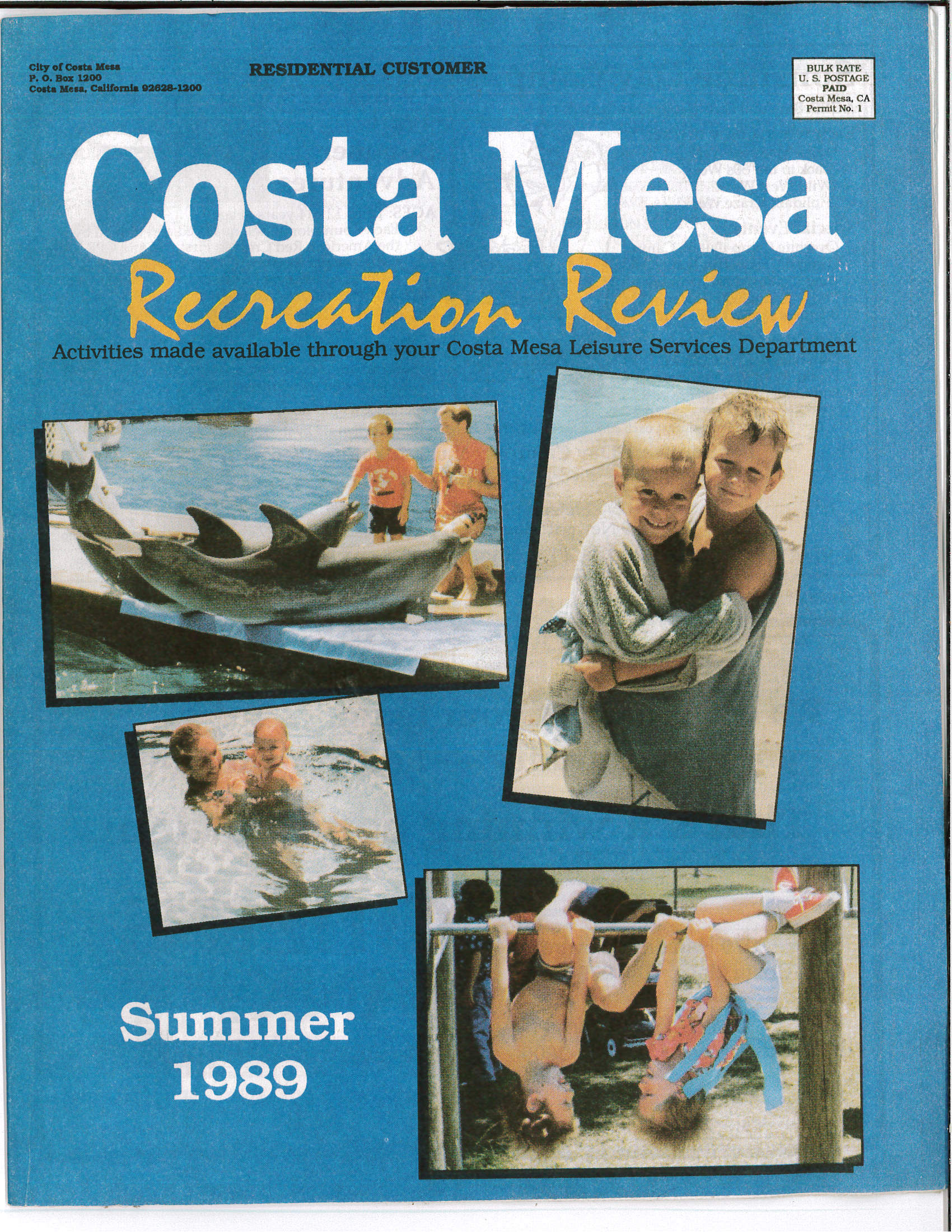 Cover of the Costa Mesa Summer 1989 Recreation Review featuring kids enjoying outdoor water and playground activities.